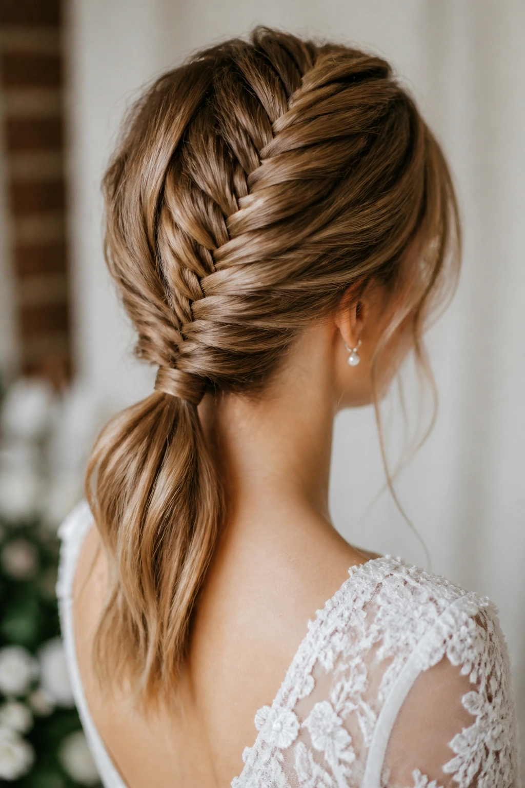 Bride with fishtail braid into a low ponytail
