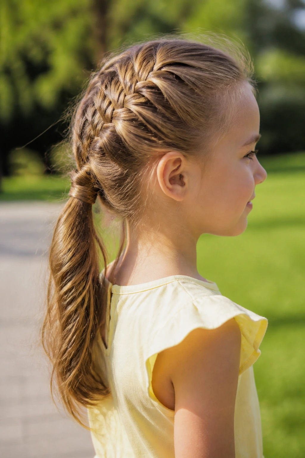Side-profile of a girl with a fishtail braid into a ponytail