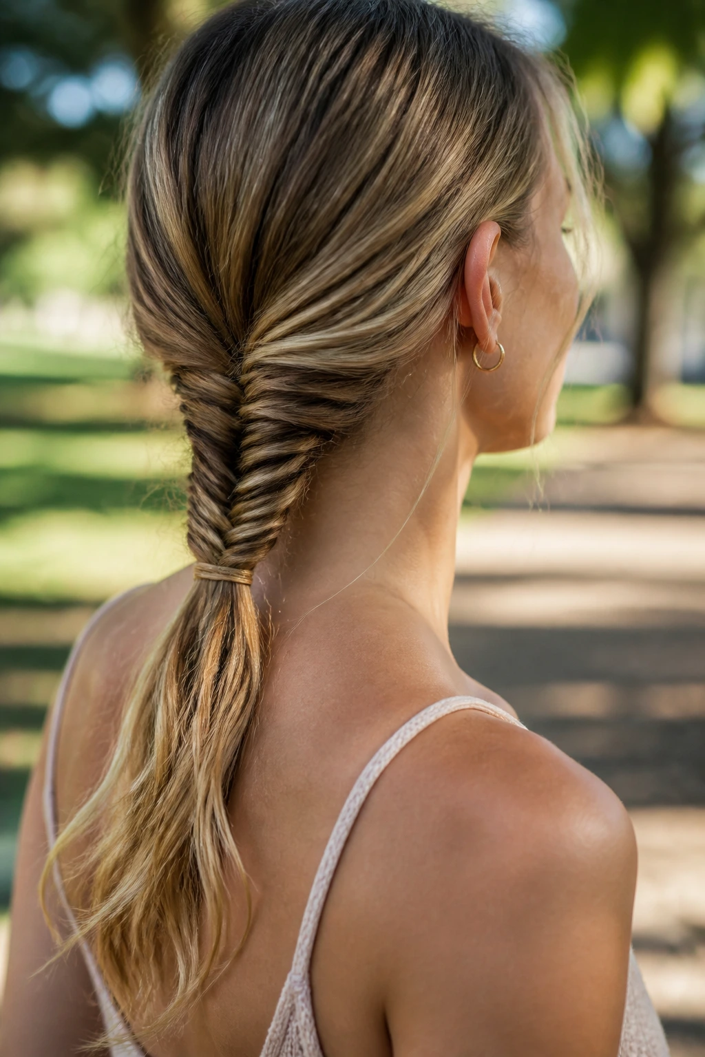Close-up of fishtail braid ponytail with loose ends on real woman outdoors