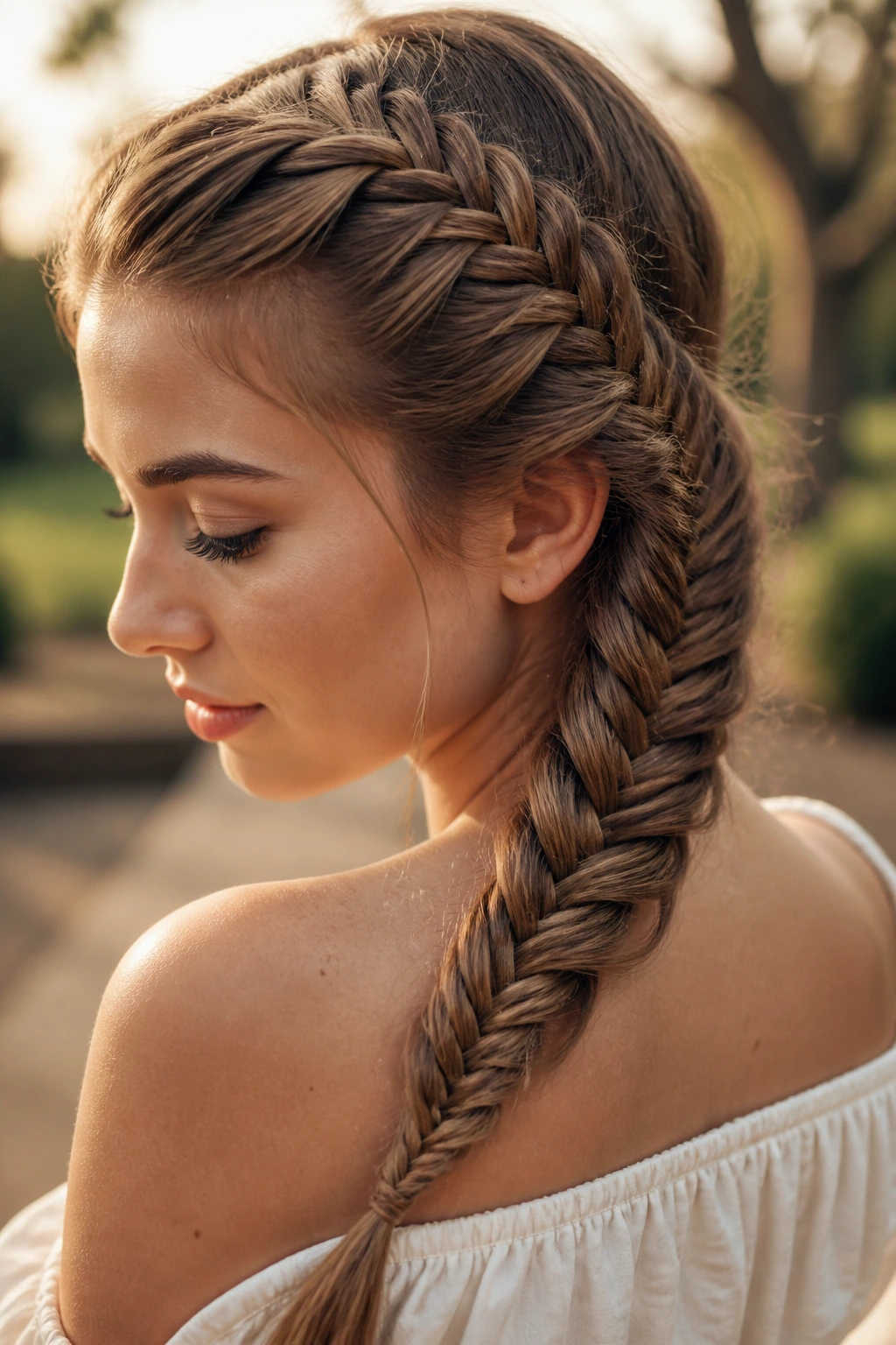 Close-up of a real person with a fishtail braid on medium-length hair