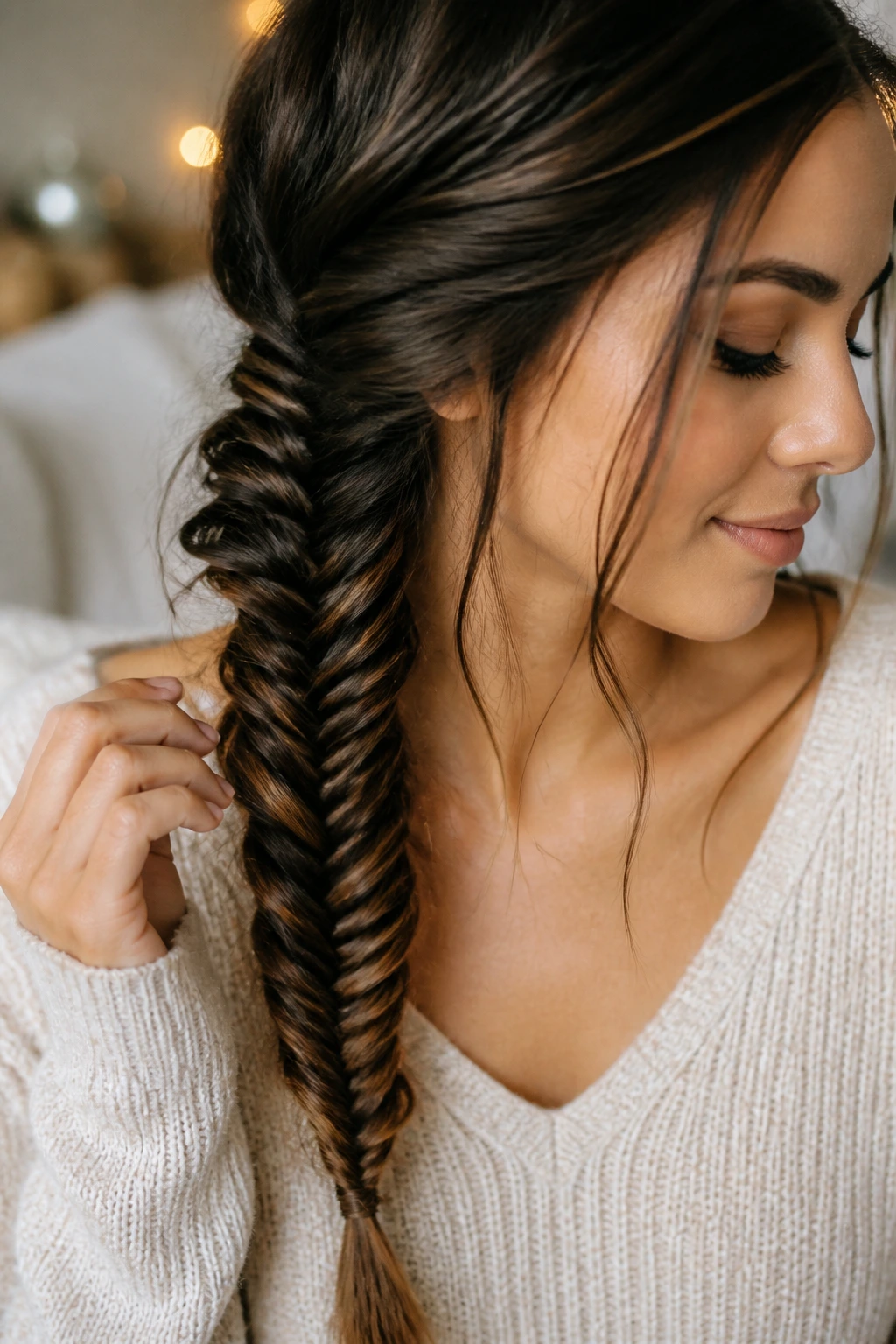 Fishtail braid close-up on real woman