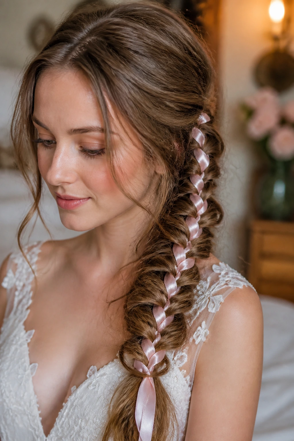 Portrait of a woman with a fishtail braid woven with satin ribbon on one side