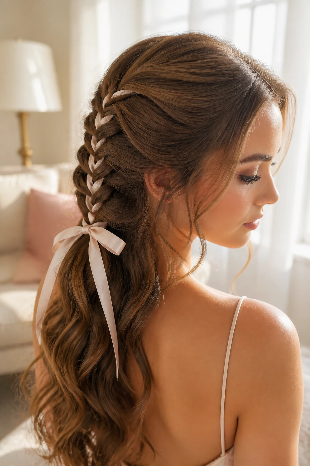 Close-up of a real woman's half-up fishtail with ribbon ends