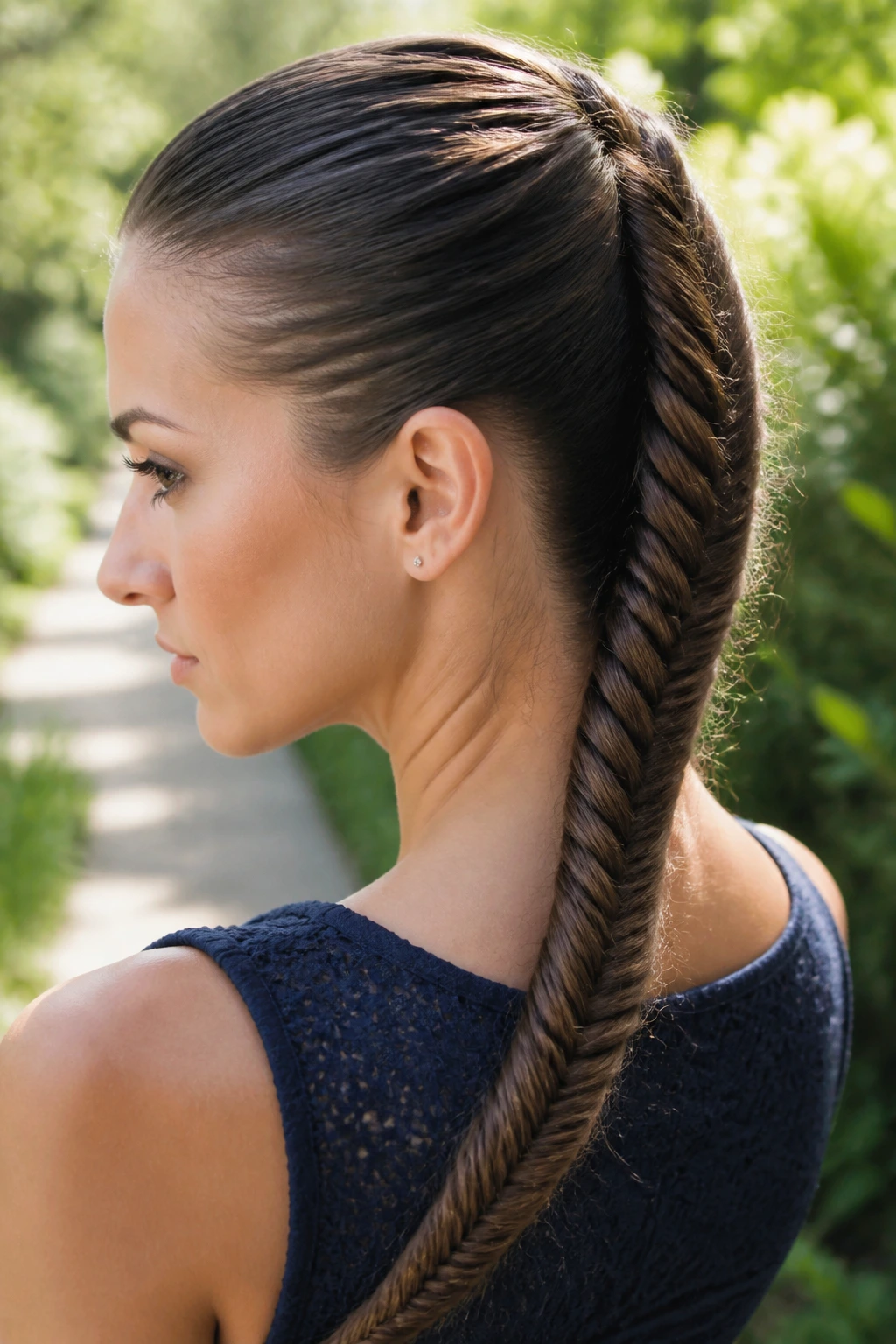 Close-up of a real woman with tight roots and fishtail braid along the back