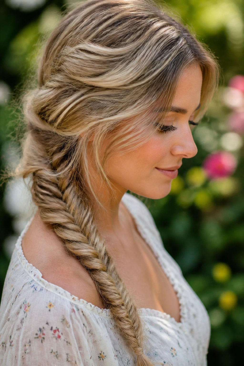 Close-up side profile of a real woman with a fishtail braid along the side