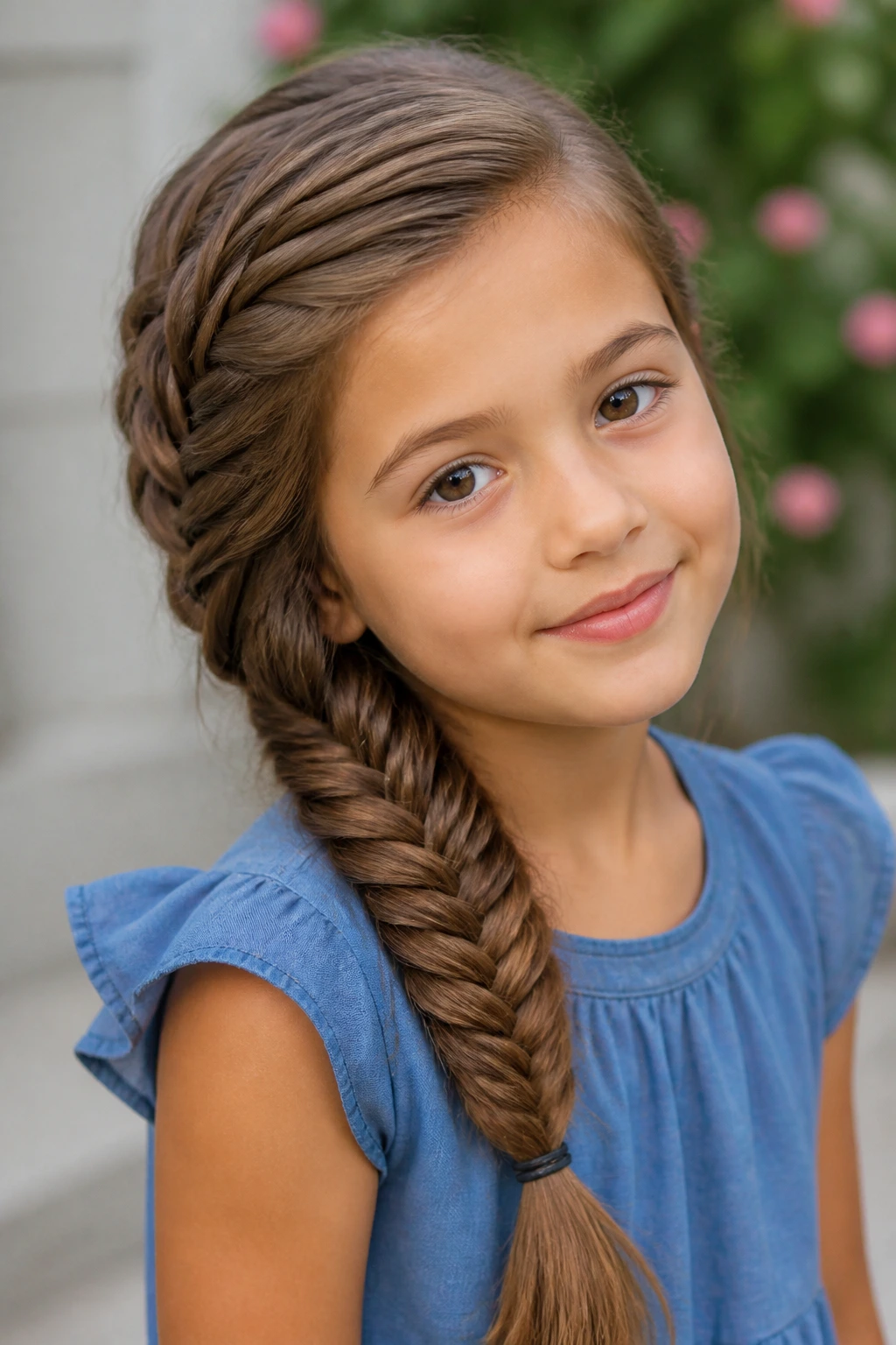 Close-up of a girl with a fishtail braid swept to the shoulder