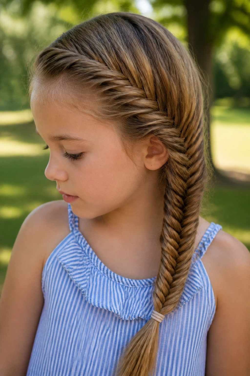 Close-up of a real child with a fishtail side braid in natural light