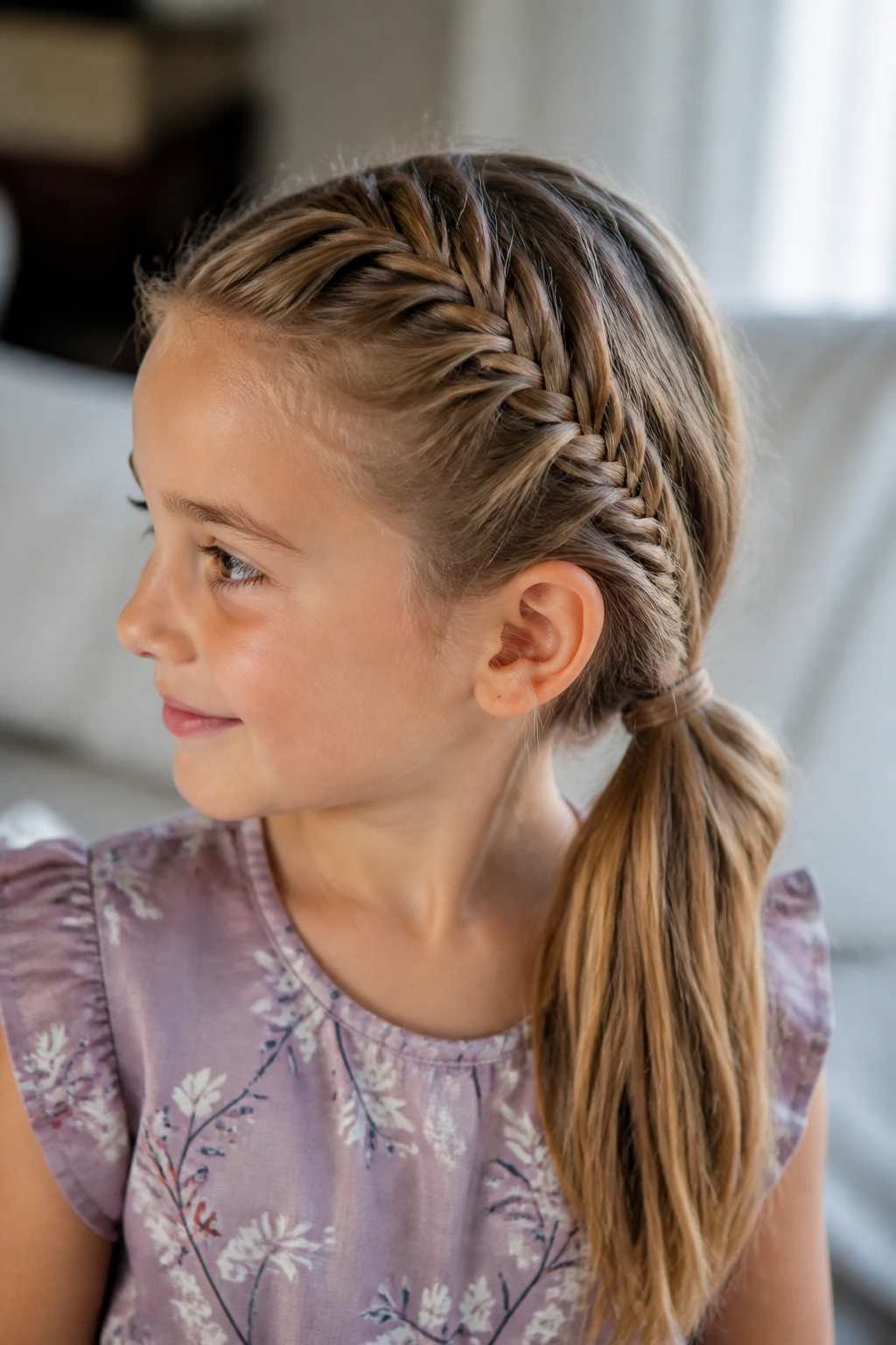 Girl with side fishtail braid flowing into a low pony