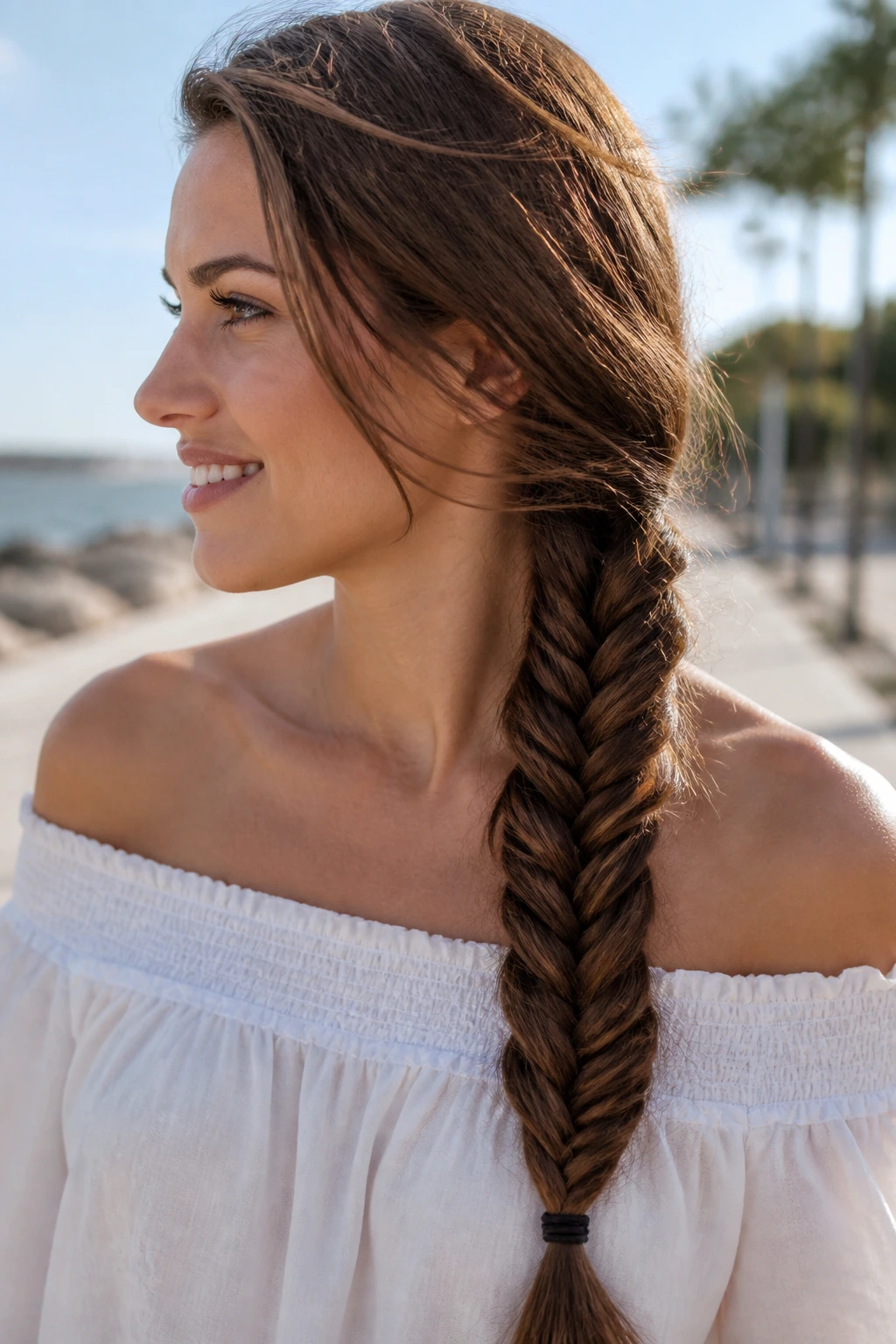 Real person with fishtail side braid over shoulder in outdoor setting