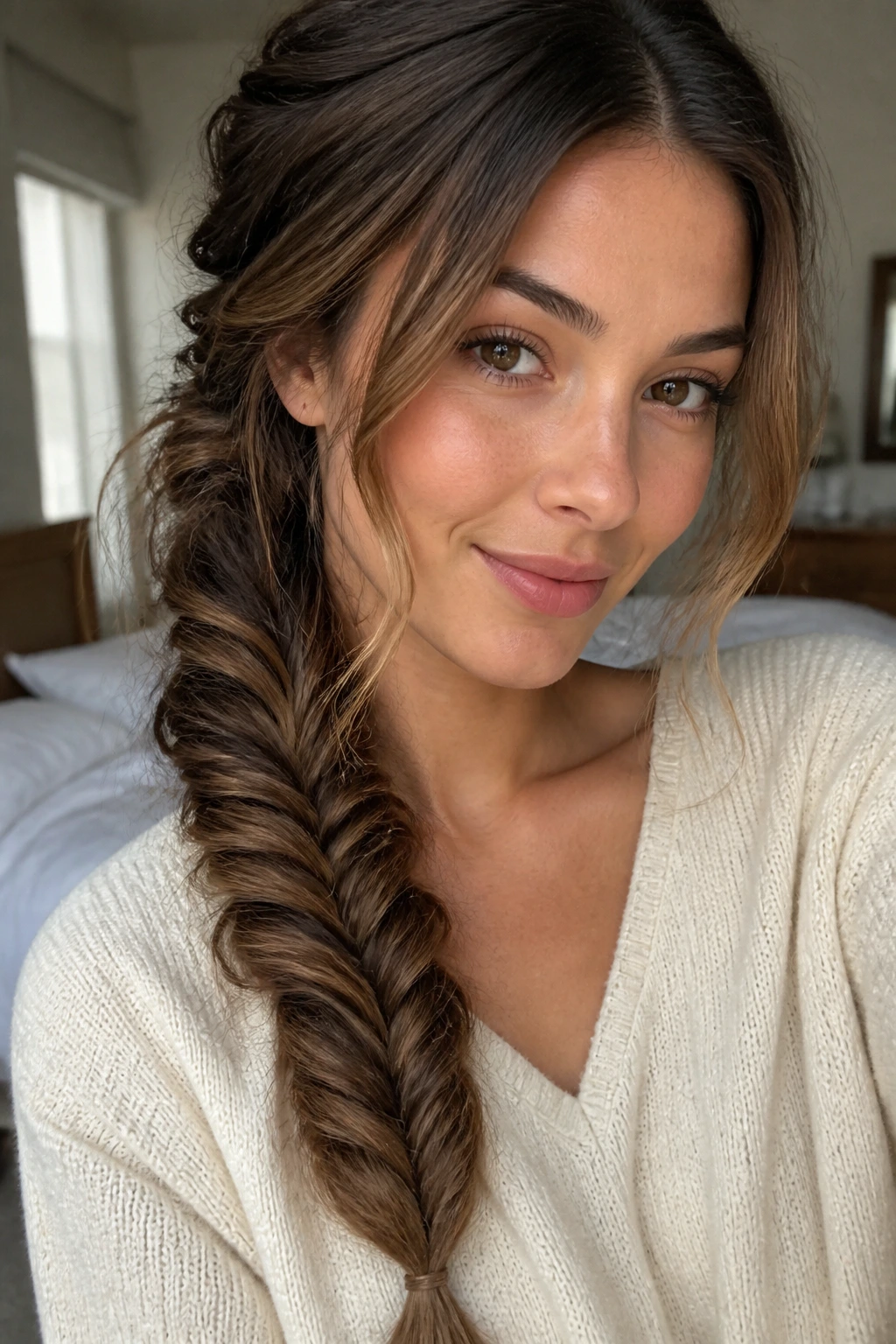 Close-up of a textured fishtail braid swept to the shoulder on a real person