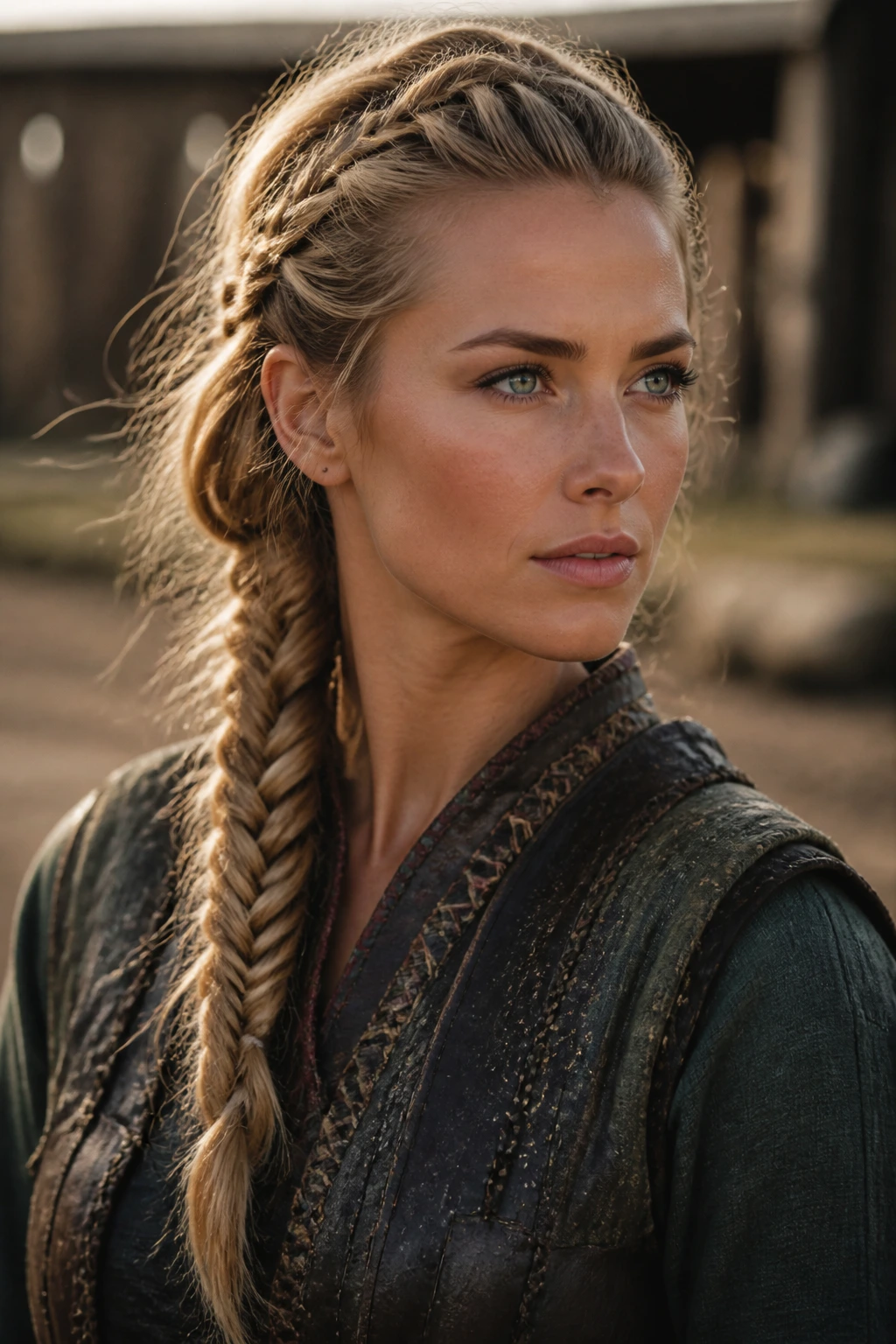 Portrait of a woman with a fishtail braid sweeping over her shoulder