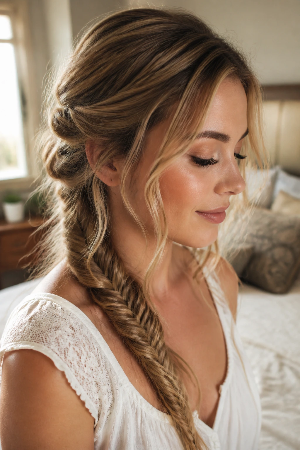 Close-up portrait of a real woman with a softly woven fishtail braid in warm window light