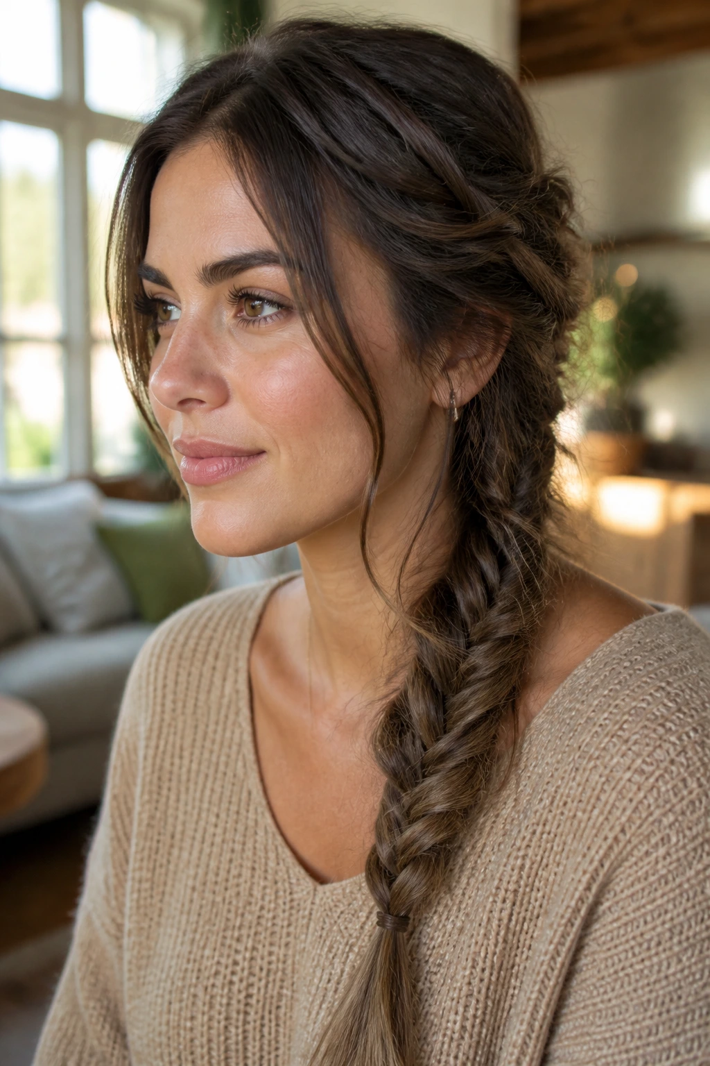 Soft looking fishtail braid on a real person with gentle expression