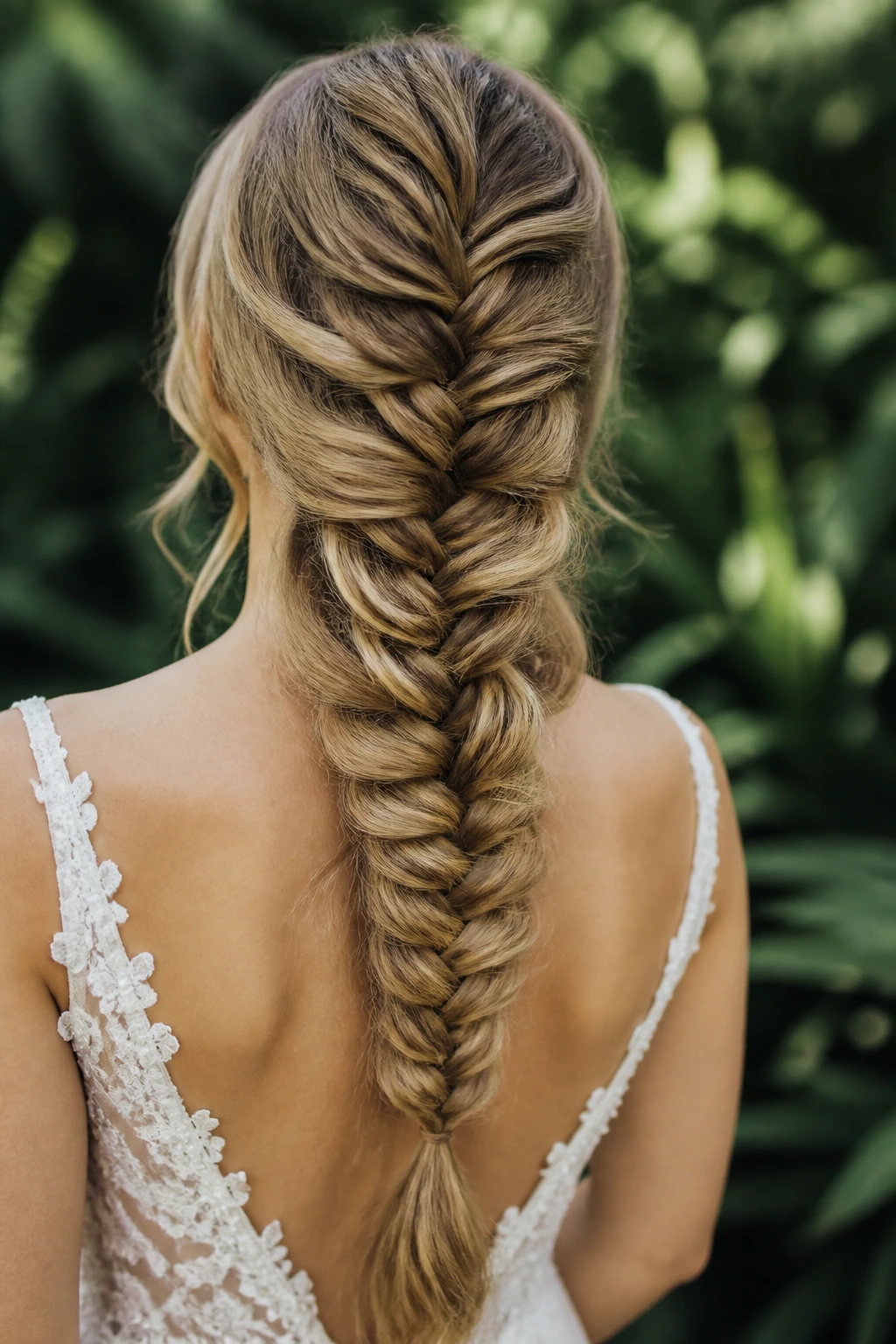 Back-of-head view of a real bride with a thick fishtail braid
