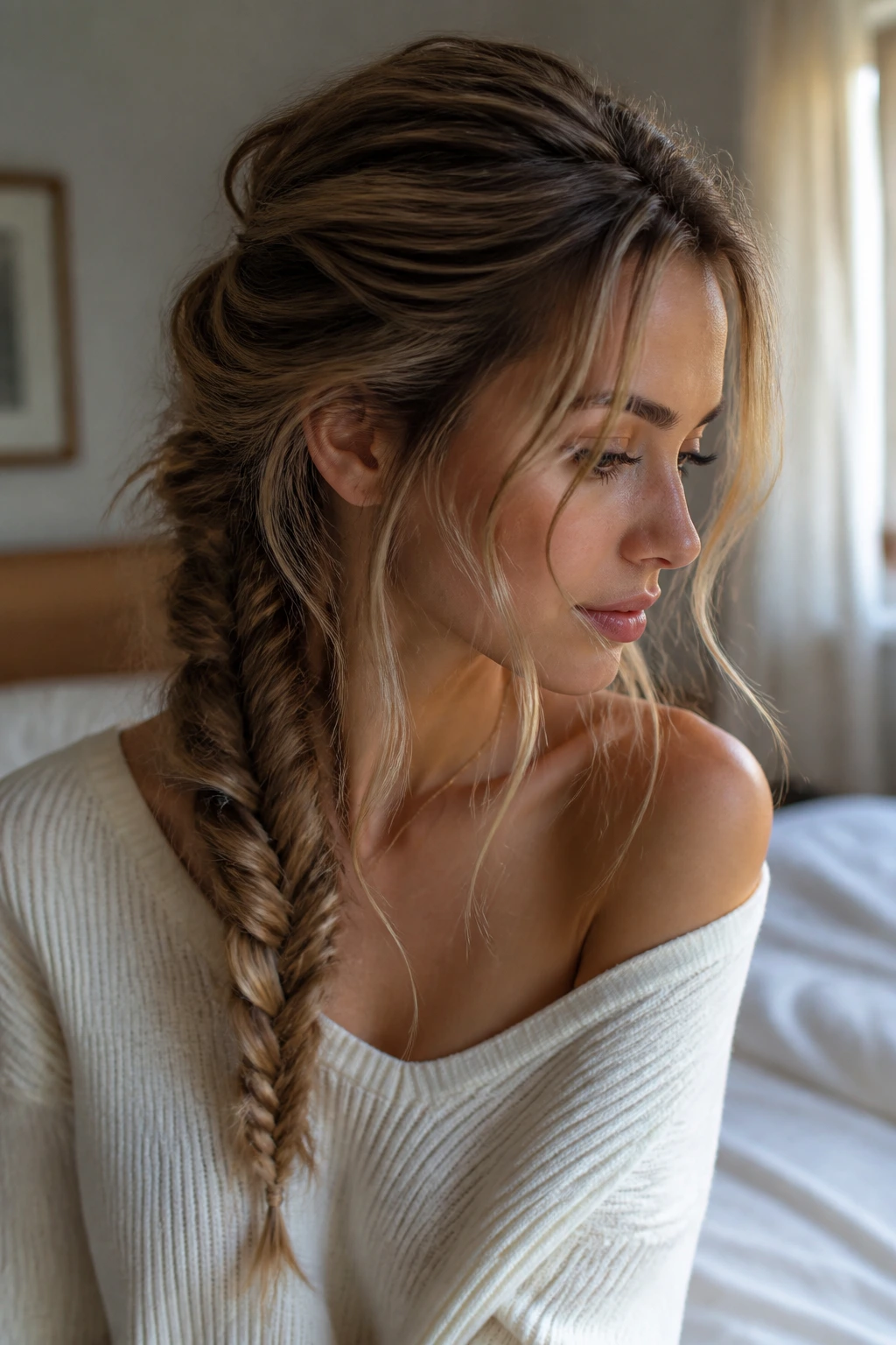 Close-up of undone fishtail braid with tendrils around temples on a real person