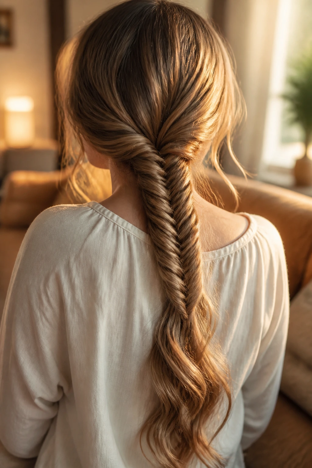 Real woman with a fishtail braid and wavy ends