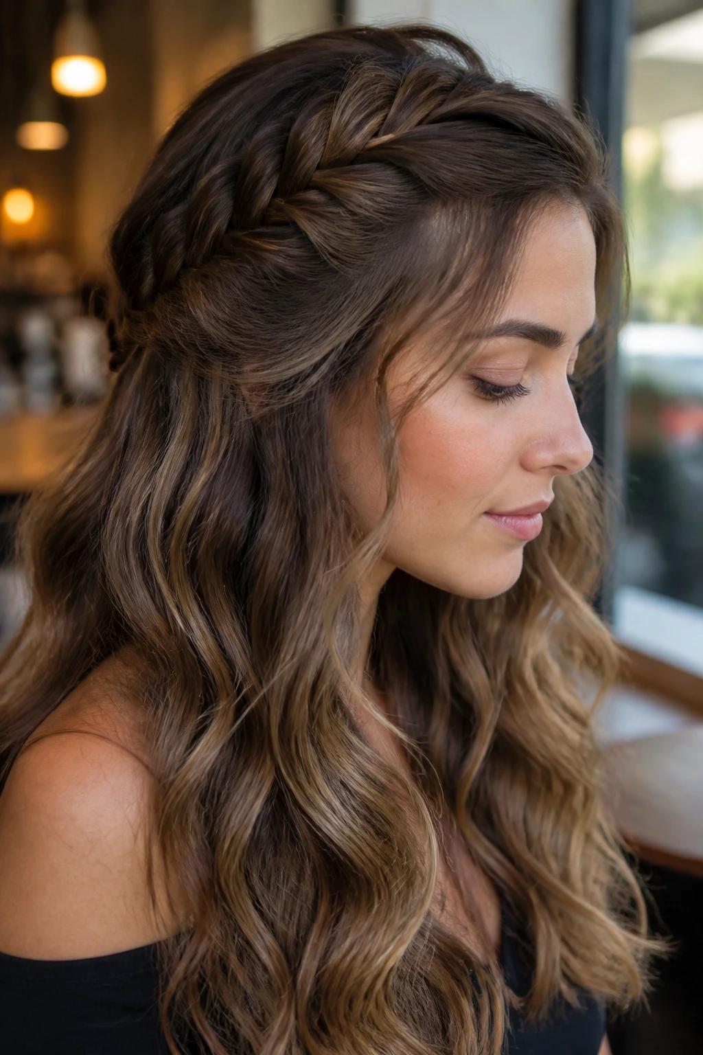 Close-up of a real woman with a fishtail braid and open waves in a sunlit cafe setting