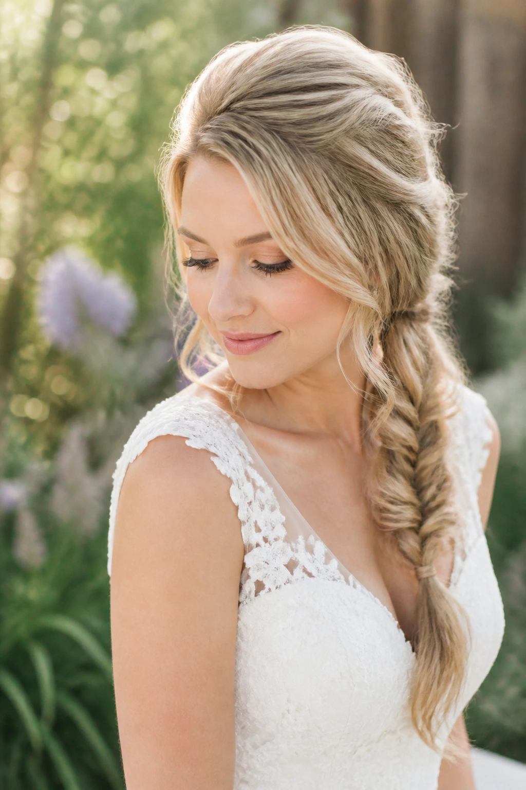 Real bride with fishtail side braid and soft crown volume.