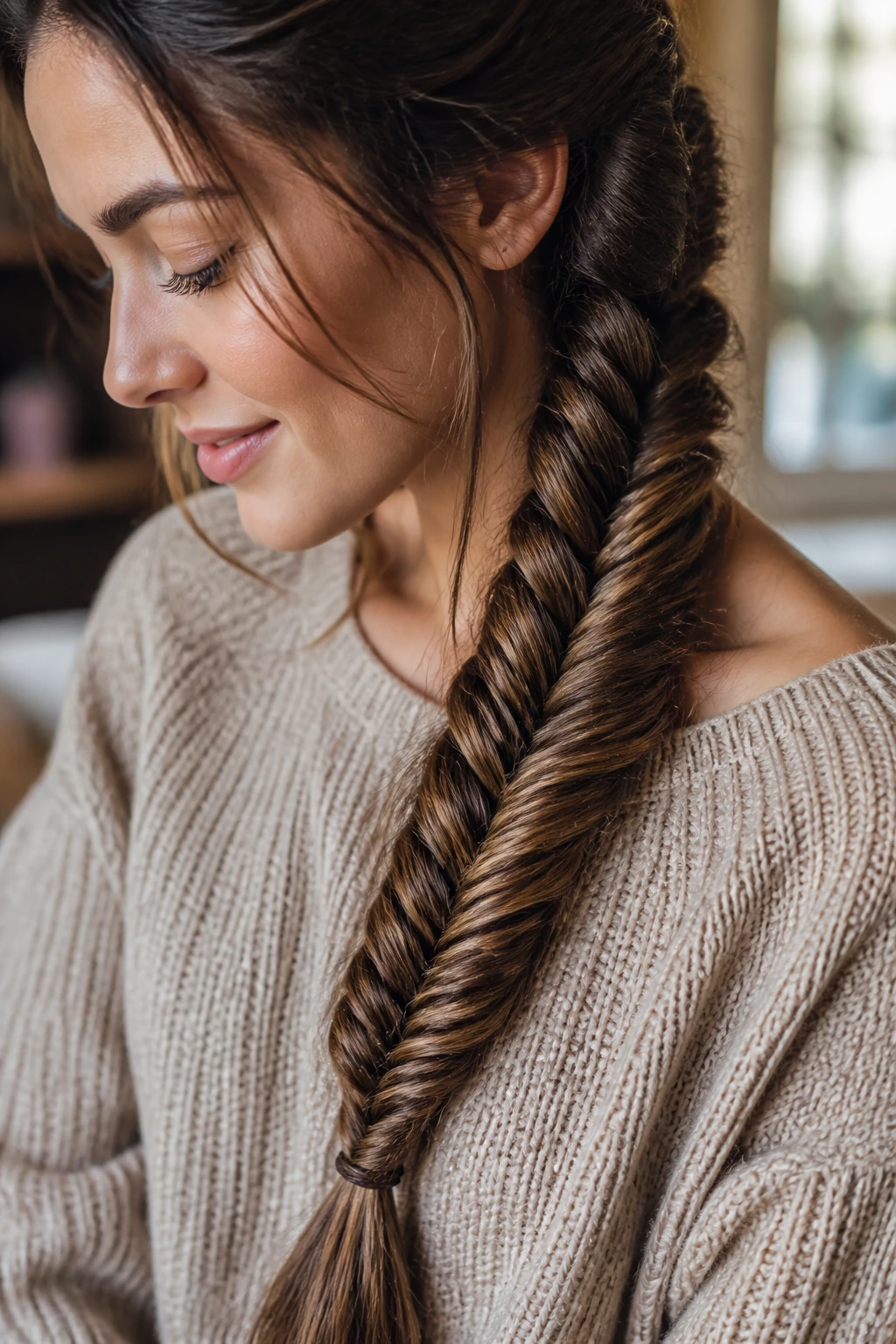 Close-up of a person wearing a fishtail braid with woven texture