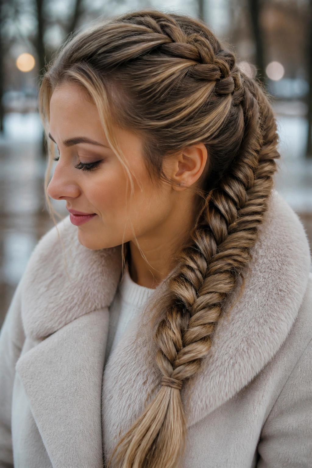Real woman with fishtail-braided ponytail in soft winter park light
