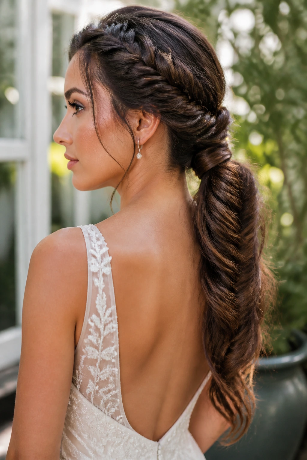 Bride with fishtail-braided ponytail