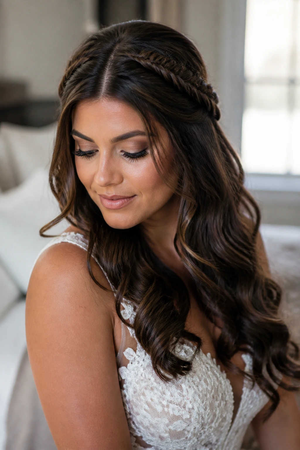 Close-up bride with thick textured hair styled in fishtail accent braids at the temples