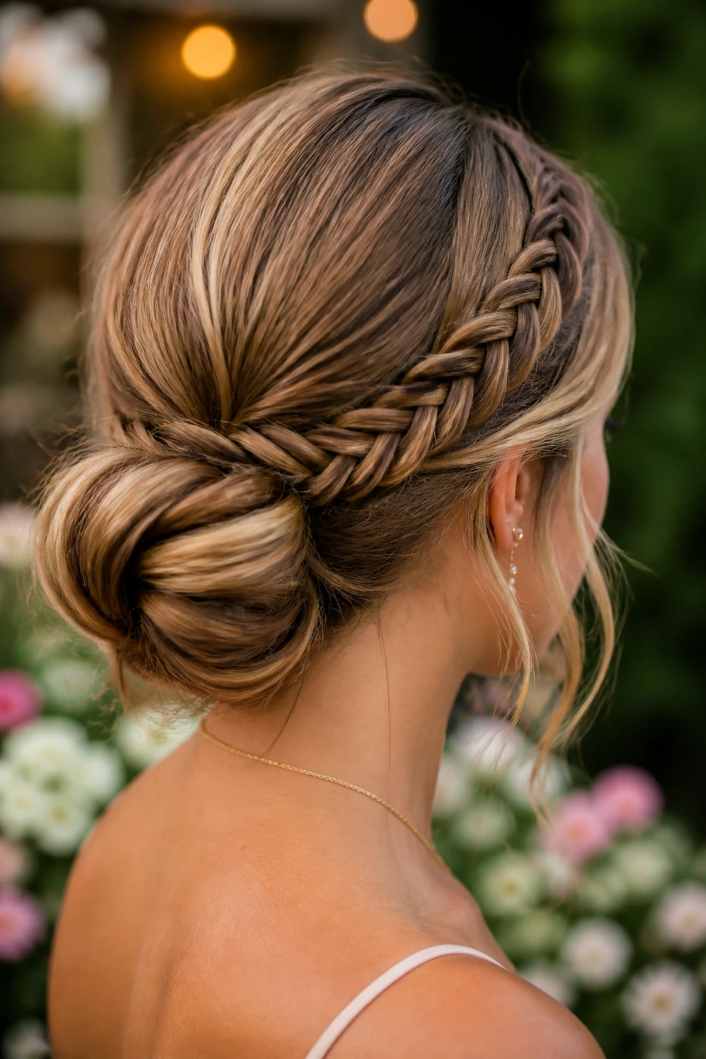 Close-up of real woman with fishtail accent braid feeding into a low bun in a garden setting