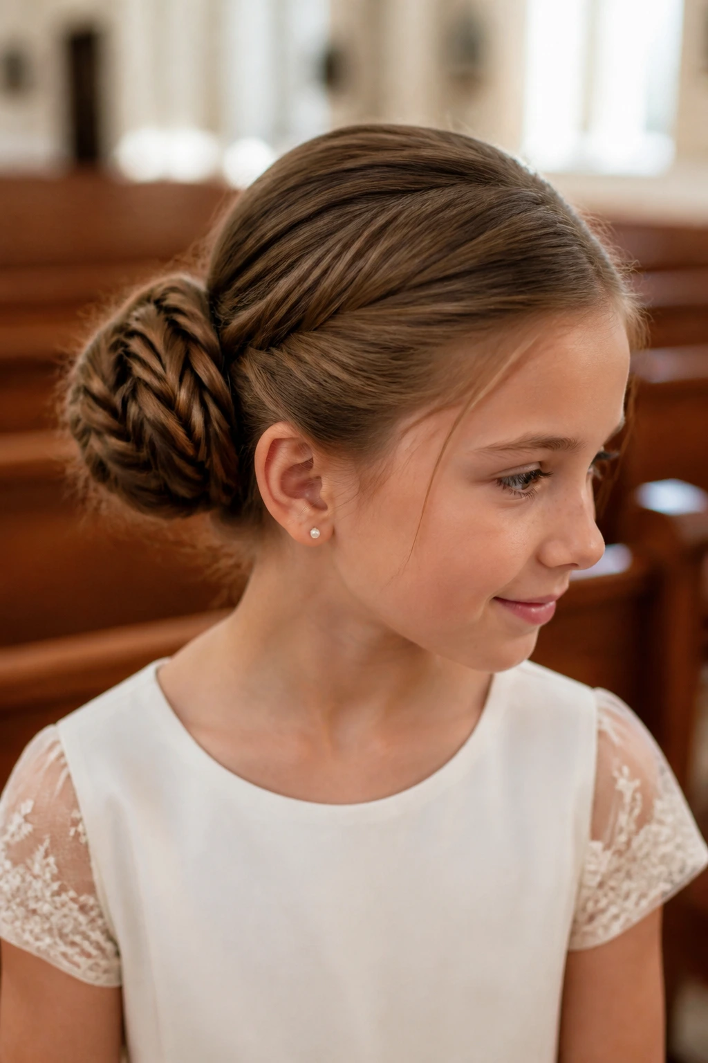 Close-up of real girl's fishtail bun at back of head in church prep setting