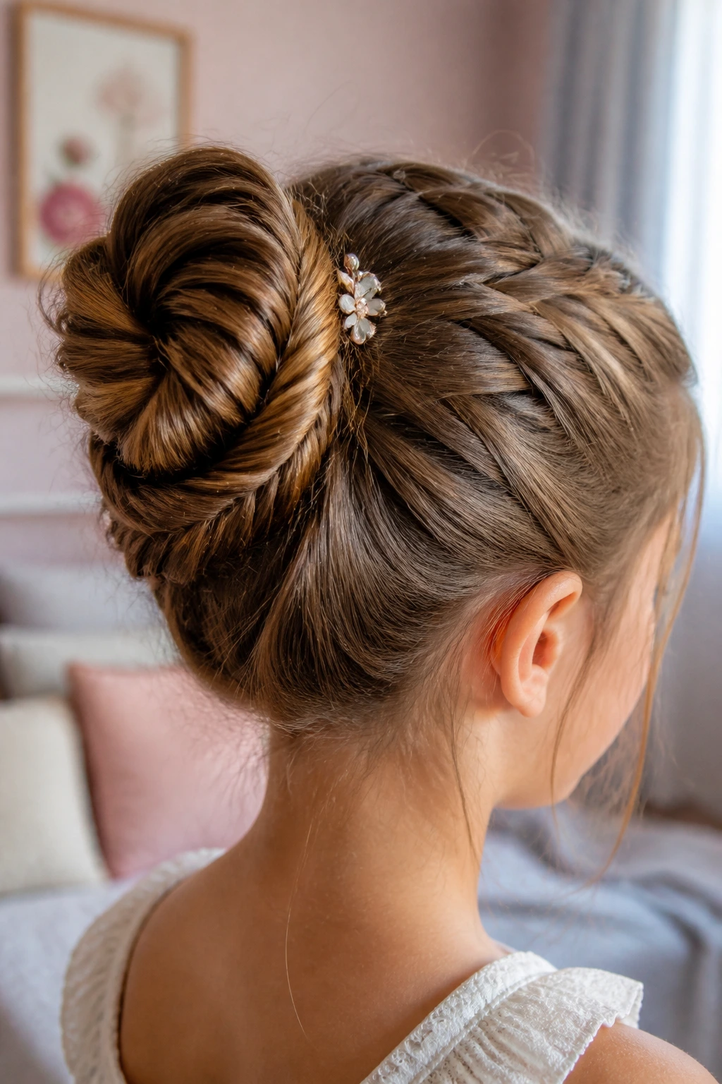 Close-up of a young girl with a fishtail bun hairstyle in warm bedroom light