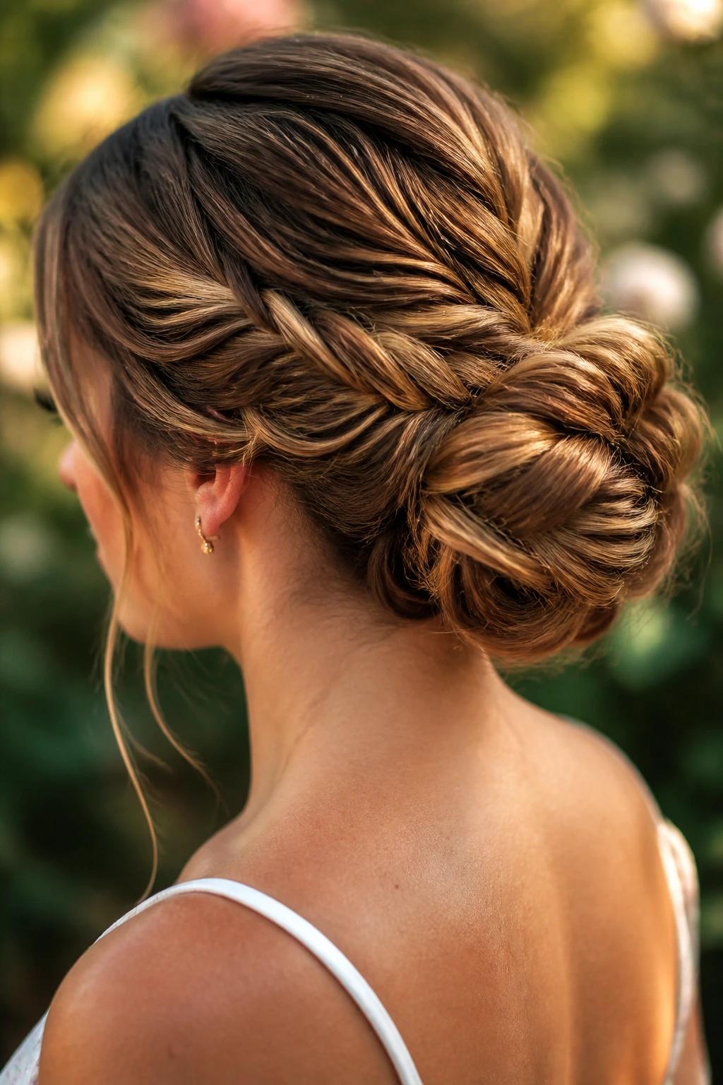 Close-up portrait of a real woman with a fishtail braid coiled into a bun