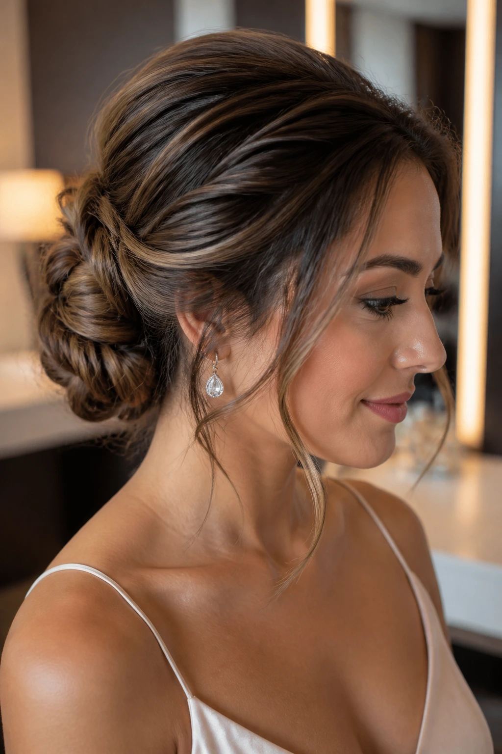 Close-up of a woman with a fishtail braided bun and soft framing pieces around the face.