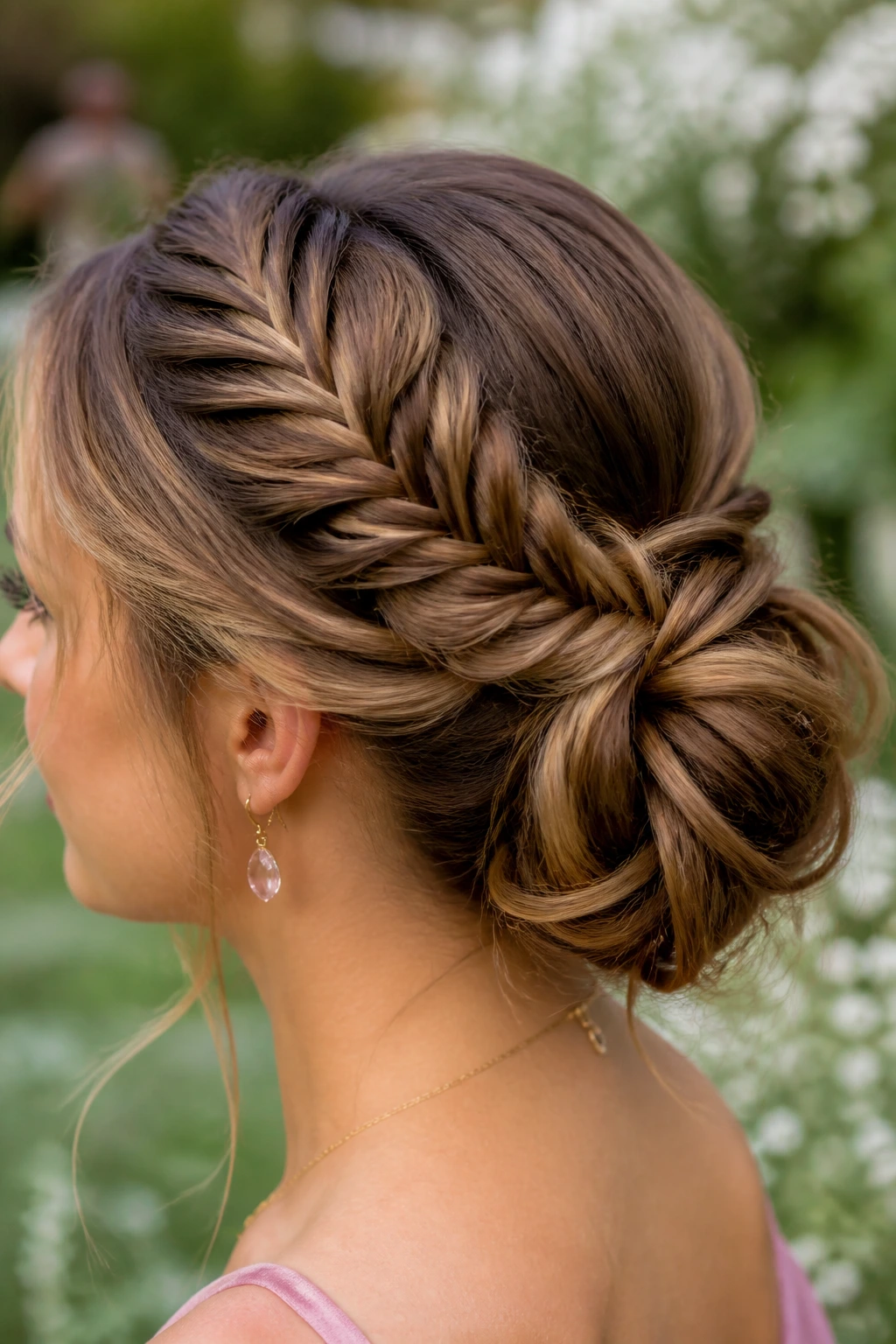 Close-up of a real woman with a fishtail bun in a breezy outdoor setting