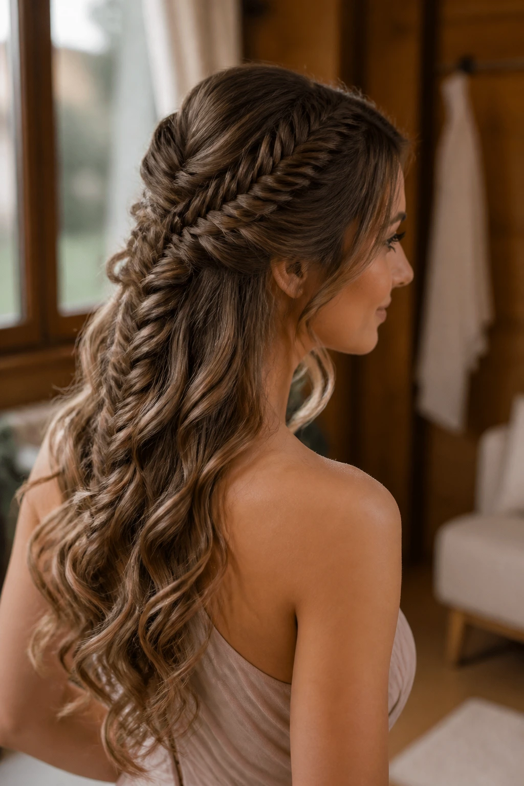 Close-up portrait of a real woman with a fishtail cascade half-up hairstyle, braided detail and curled ends