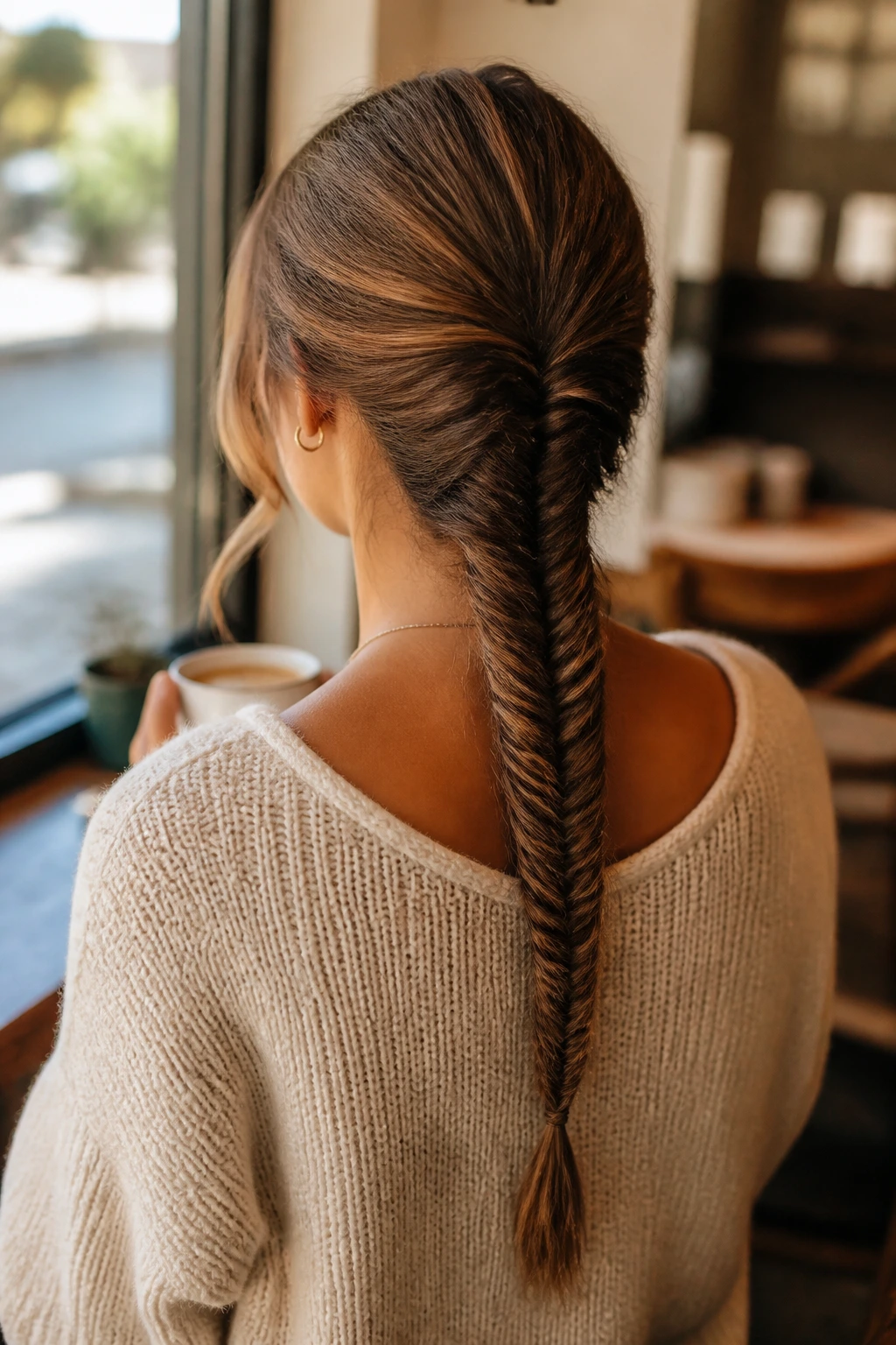 Close-up of a woman with a centered fishtail braid down the back
