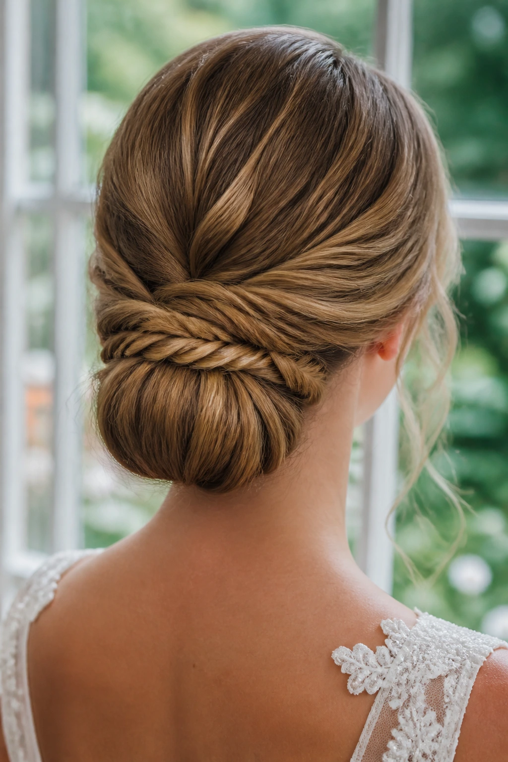 Back of head fishtail-wrapped chignon on real bride