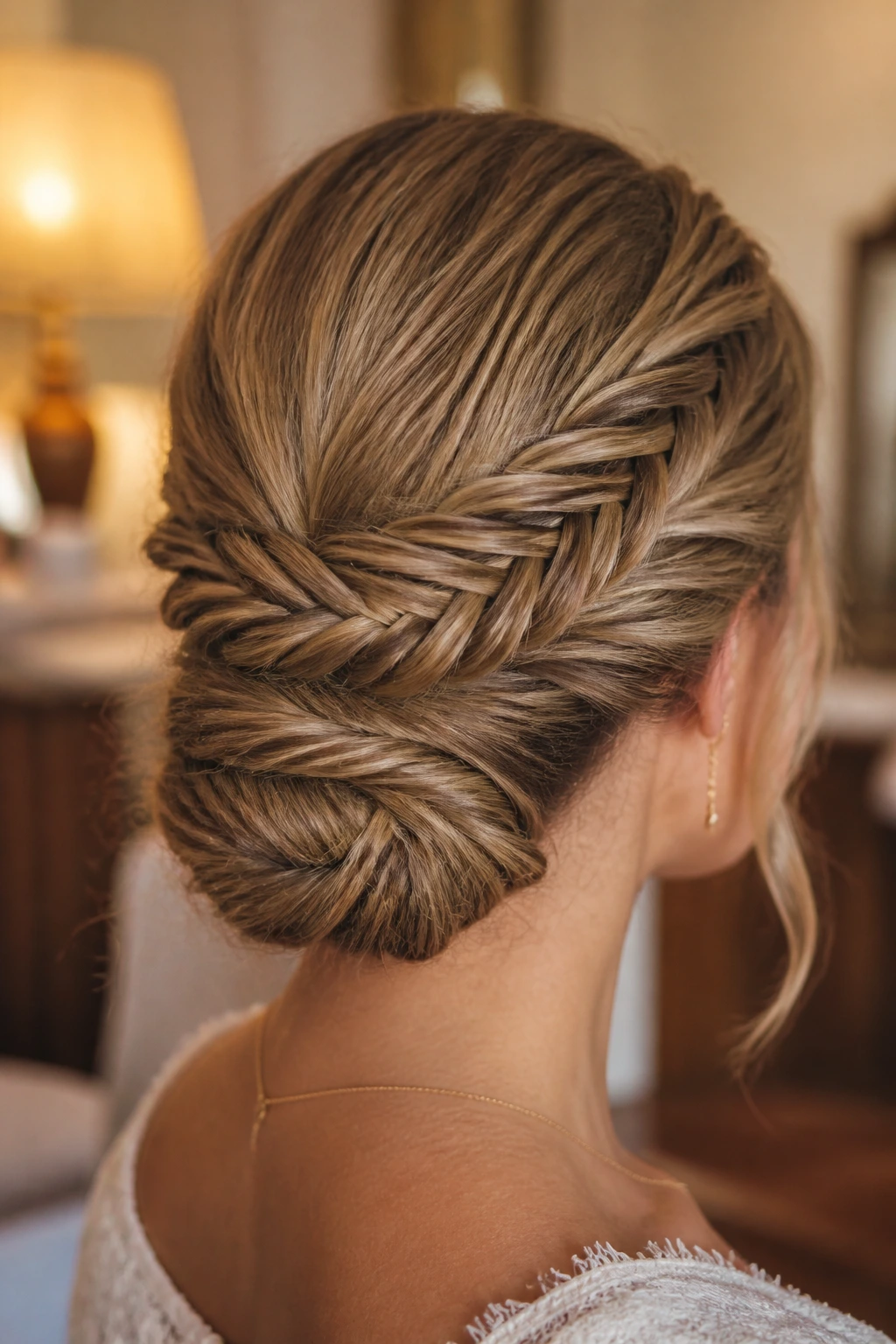 Close-up of a real person with a tucked fishtail chignon at the nape.
