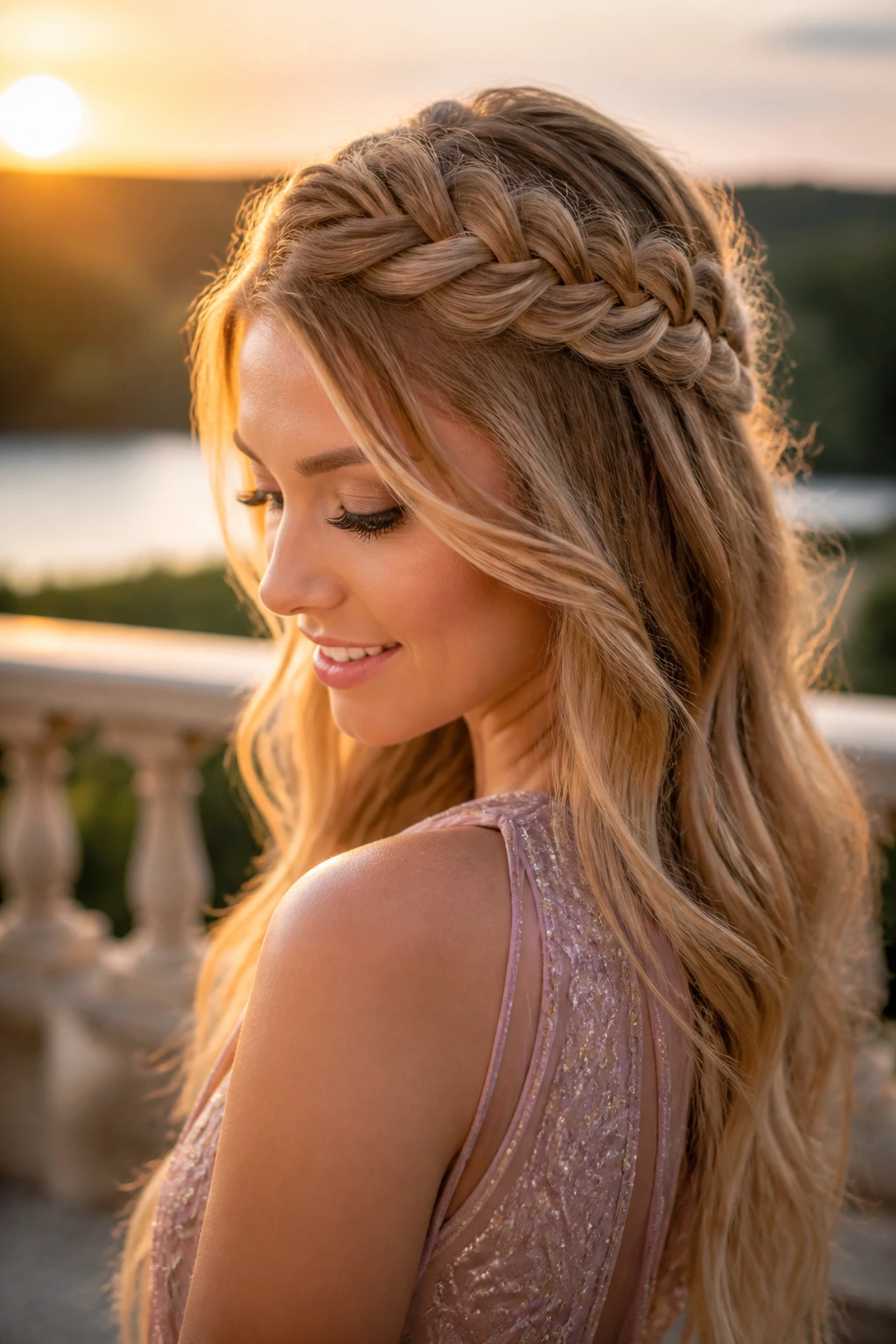 Close-up of a real woman wearing a fishtail crown half-up hairstyle