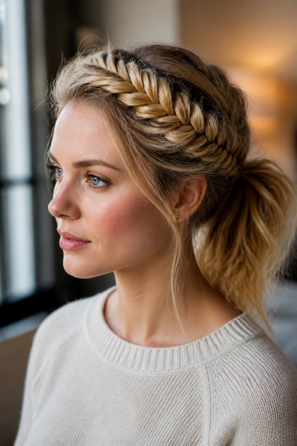 Close-up of a real person wearing a fishtail crown braid that leads into a ponytail