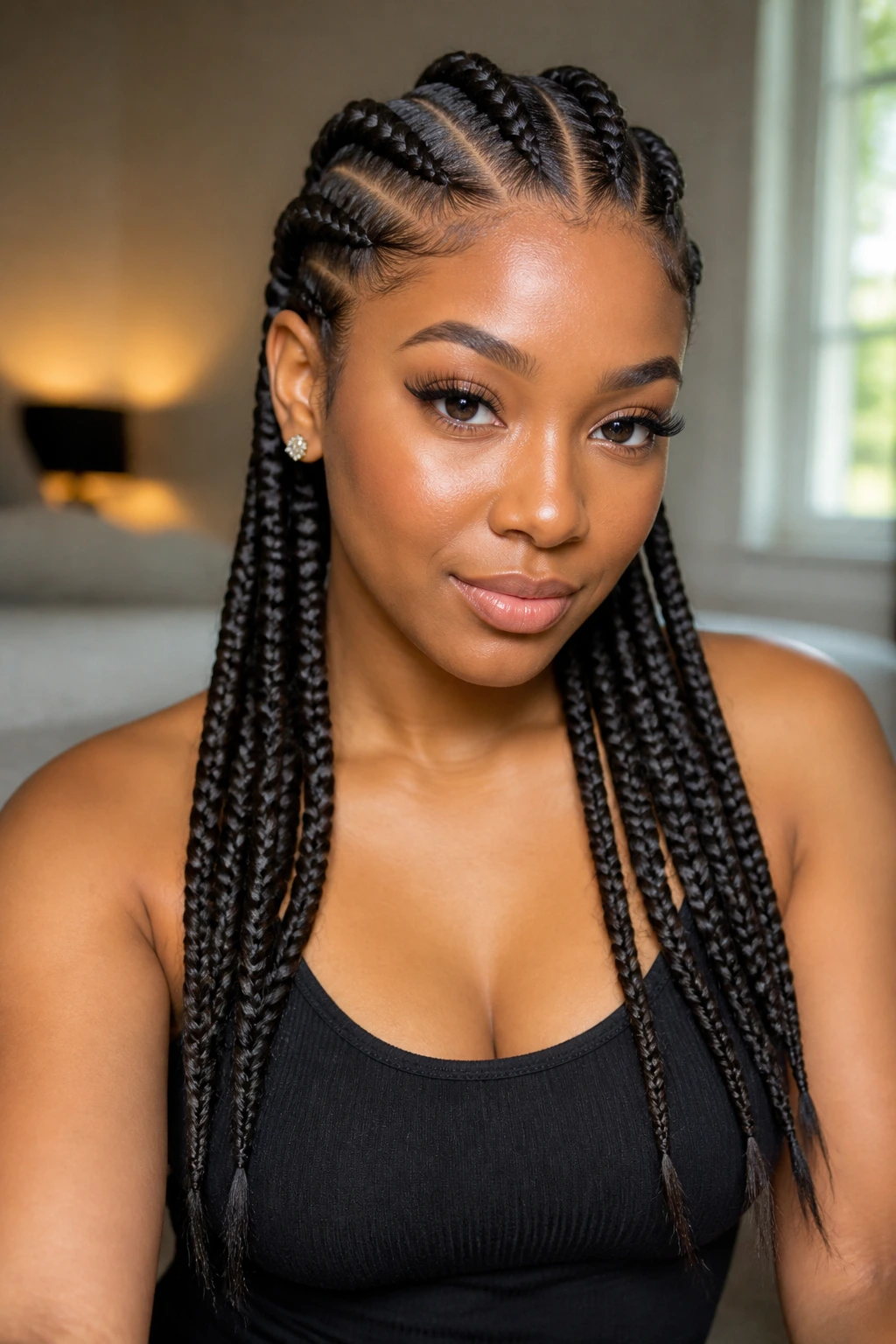 Close-up of real person with feed-in braids ending in a fishtail weave