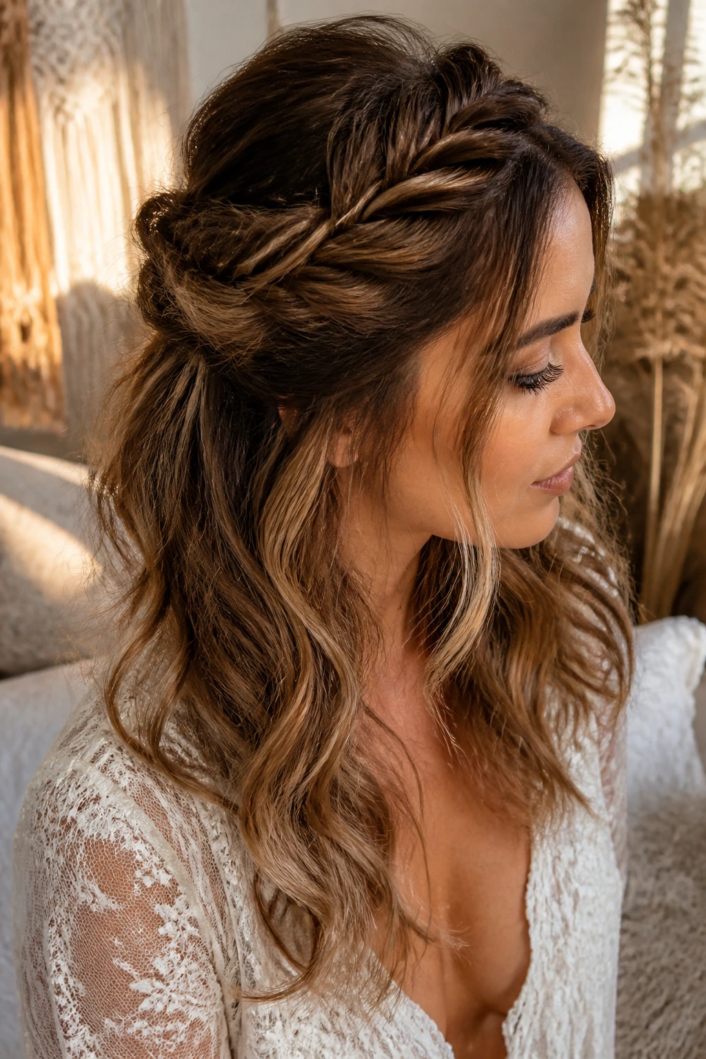 Close-up of a real woman with boho fishtail half-up hairstyle