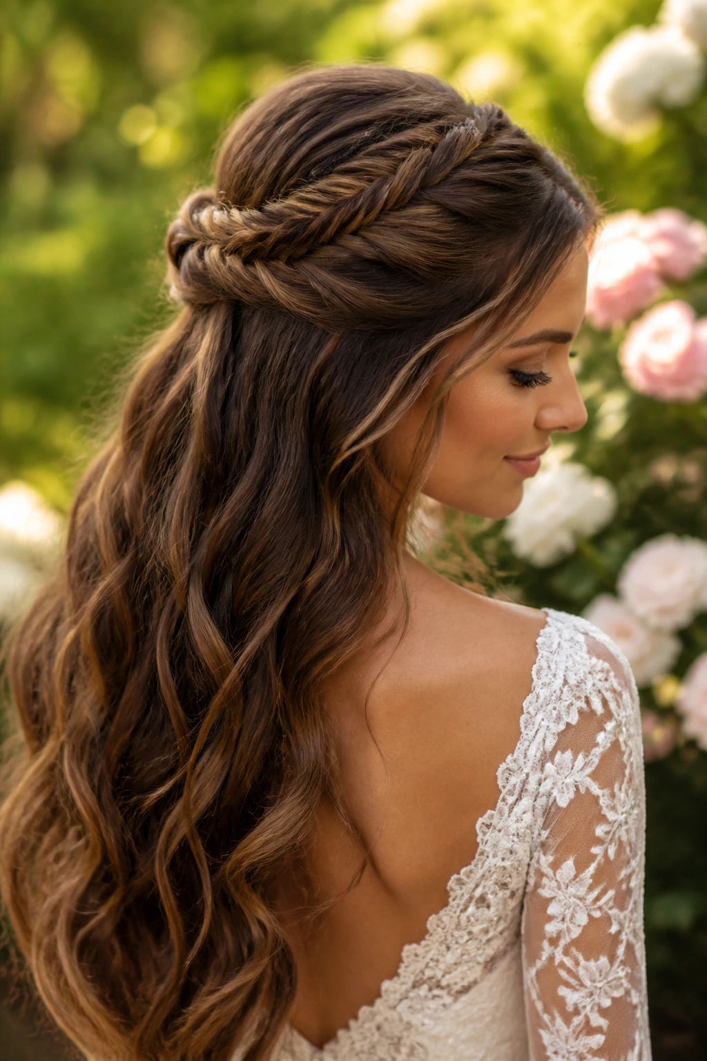 Bride with fishtail half-up hairstyle in a garden setting