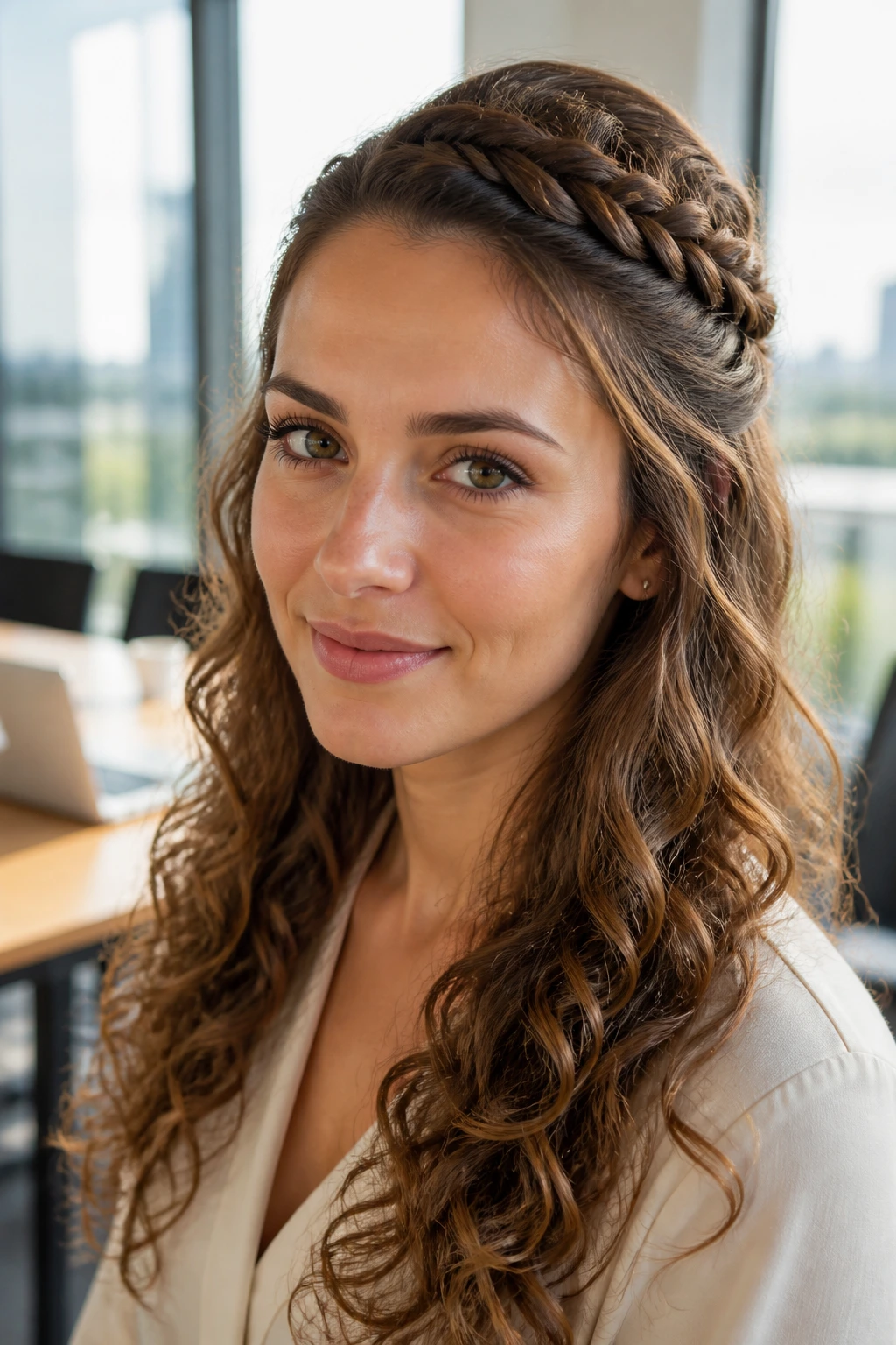 Close-up of a woman with a small fishtail braid across the crown and loose curls