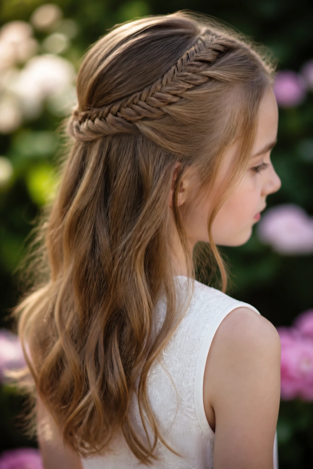Close-up portrait of a real girl with a slim fishtail accent braid and soft waves.