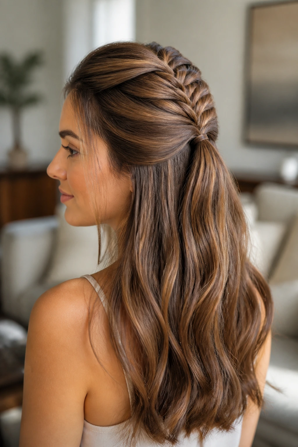 Close-up of a real woman with a small fishtail panel at the crown, half-up.