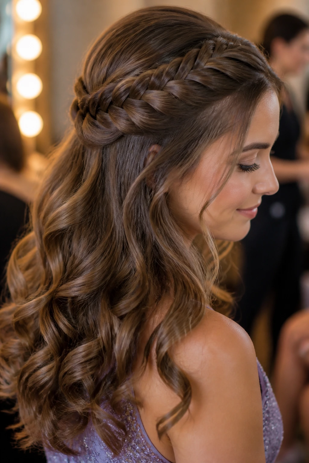 Real woman with fishtail half-up and loose curls for prom