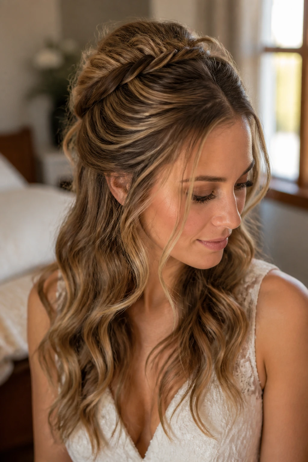 Close-up of a real woman with a loose half-up fishtail and face-framing waves in warm light