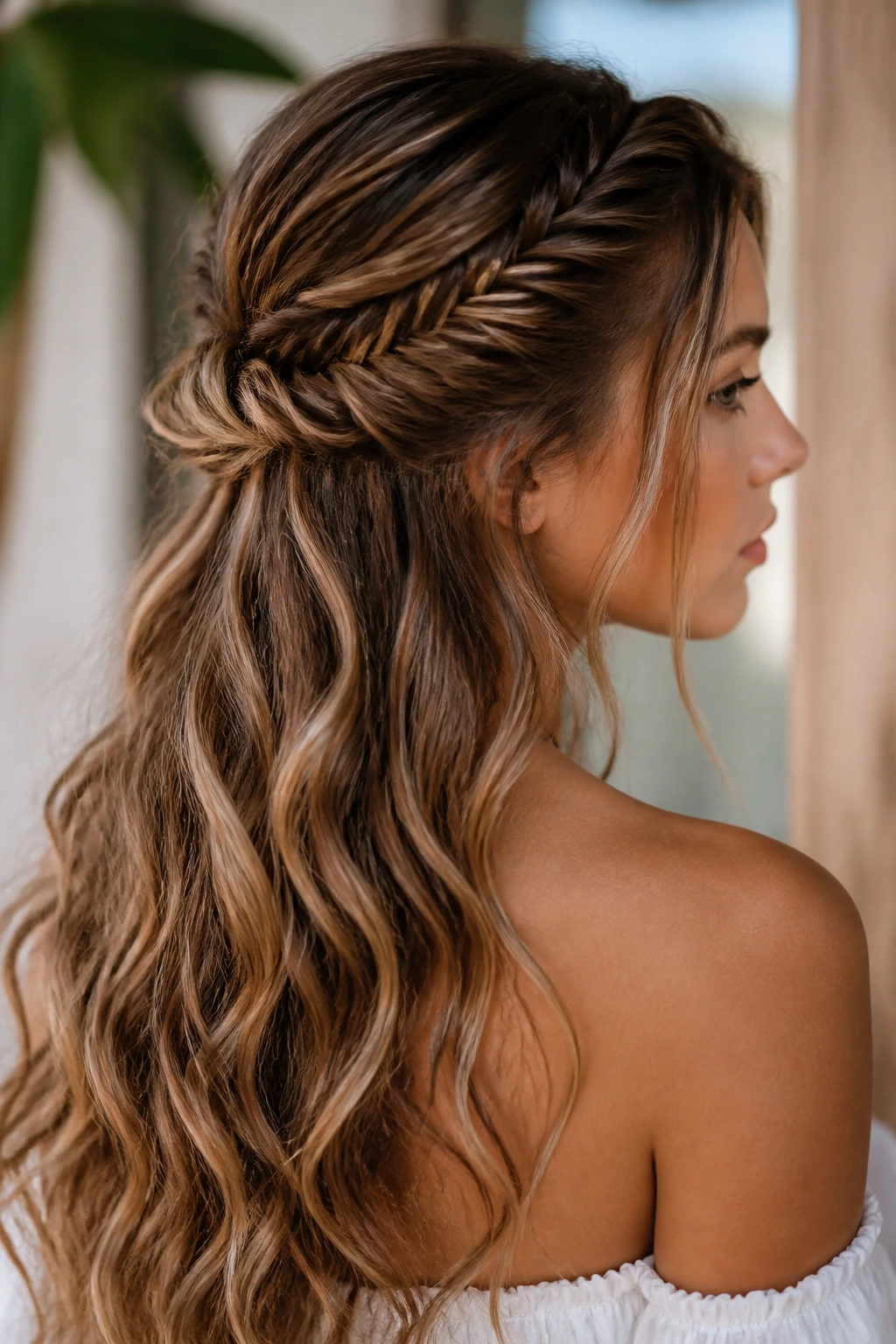 Close-up of a real woman with a fishtail braid across the back and loose waves
