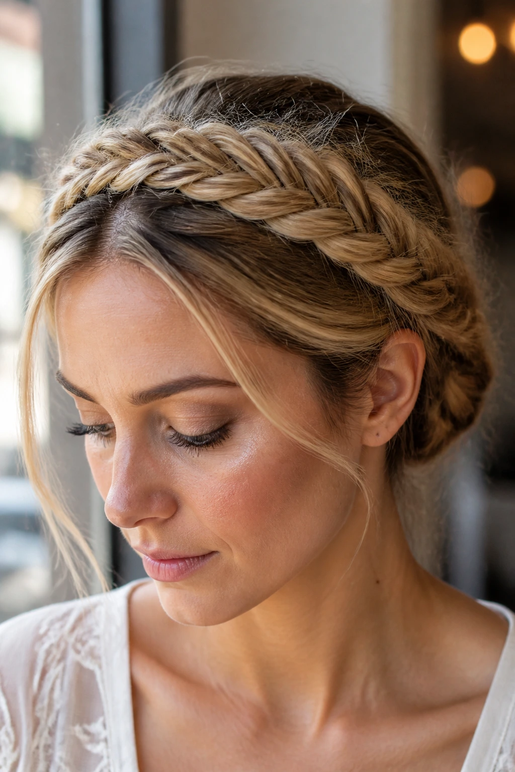 Portrait of a woman wearing a fishtail halo braid with intricate weave