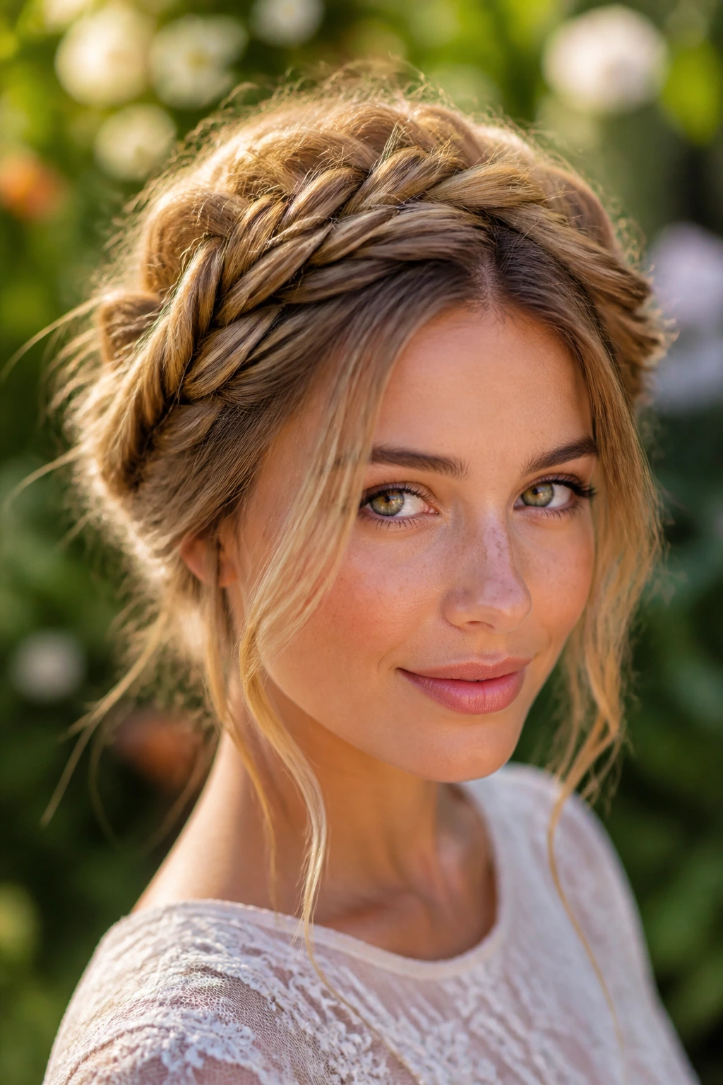 Portrait of a bride with a boho fishtail halo braid around her head