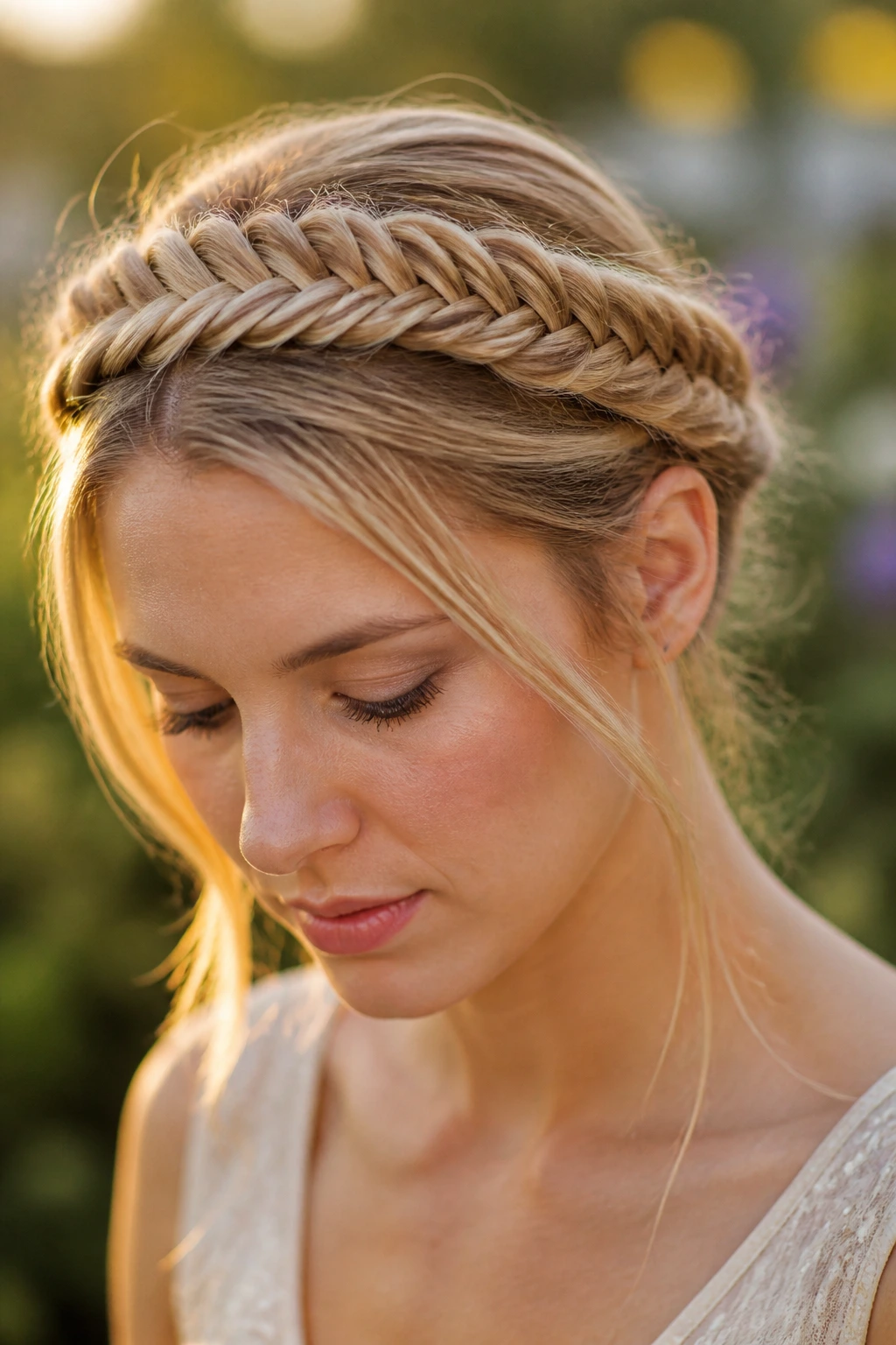 Real woman wearing a fishtail halo crown, halo pattern around head